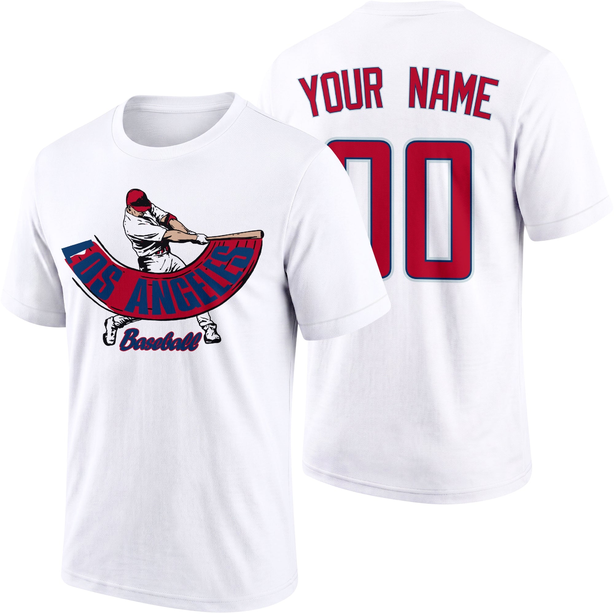 Los Angeles Red personalized adult baseball batter T shirt in White showing front and back with custom name and number