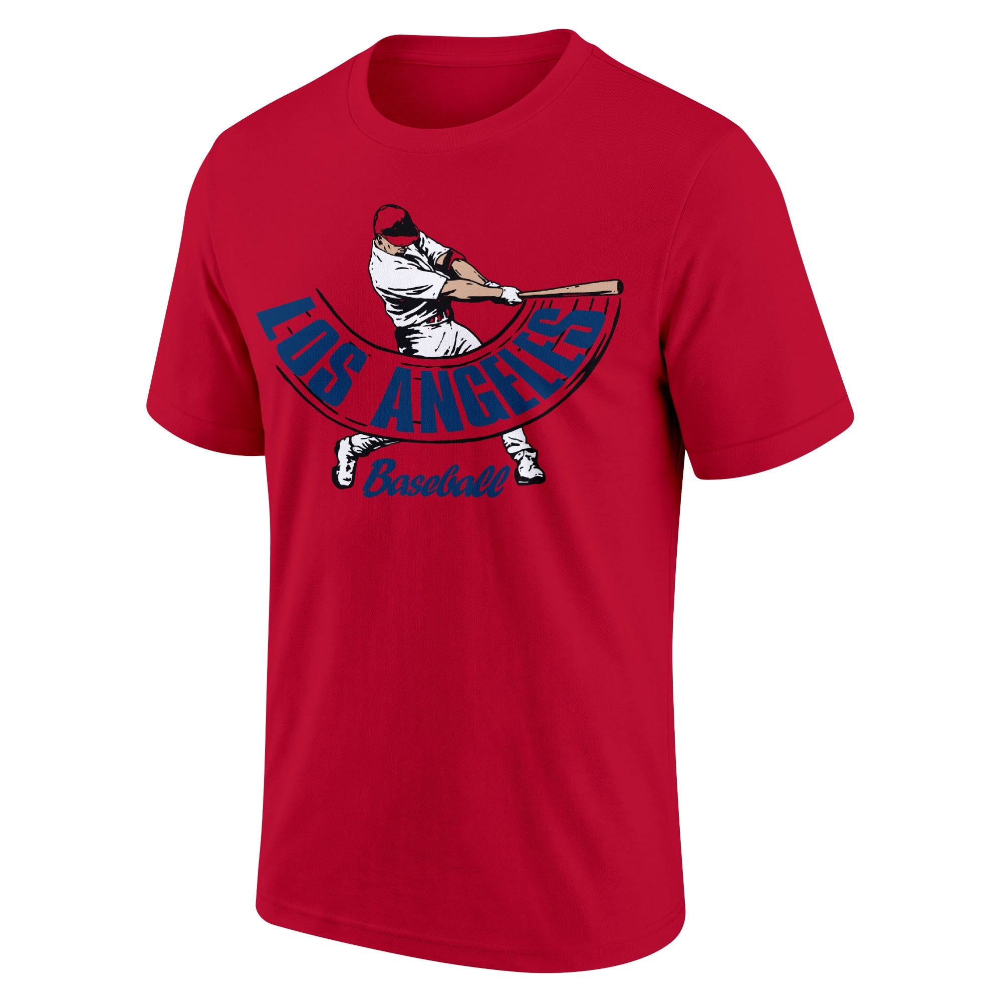 Los Angeles Red Red adult baseball T shirt front view with city lettering baseball batter illustration and Baseball script