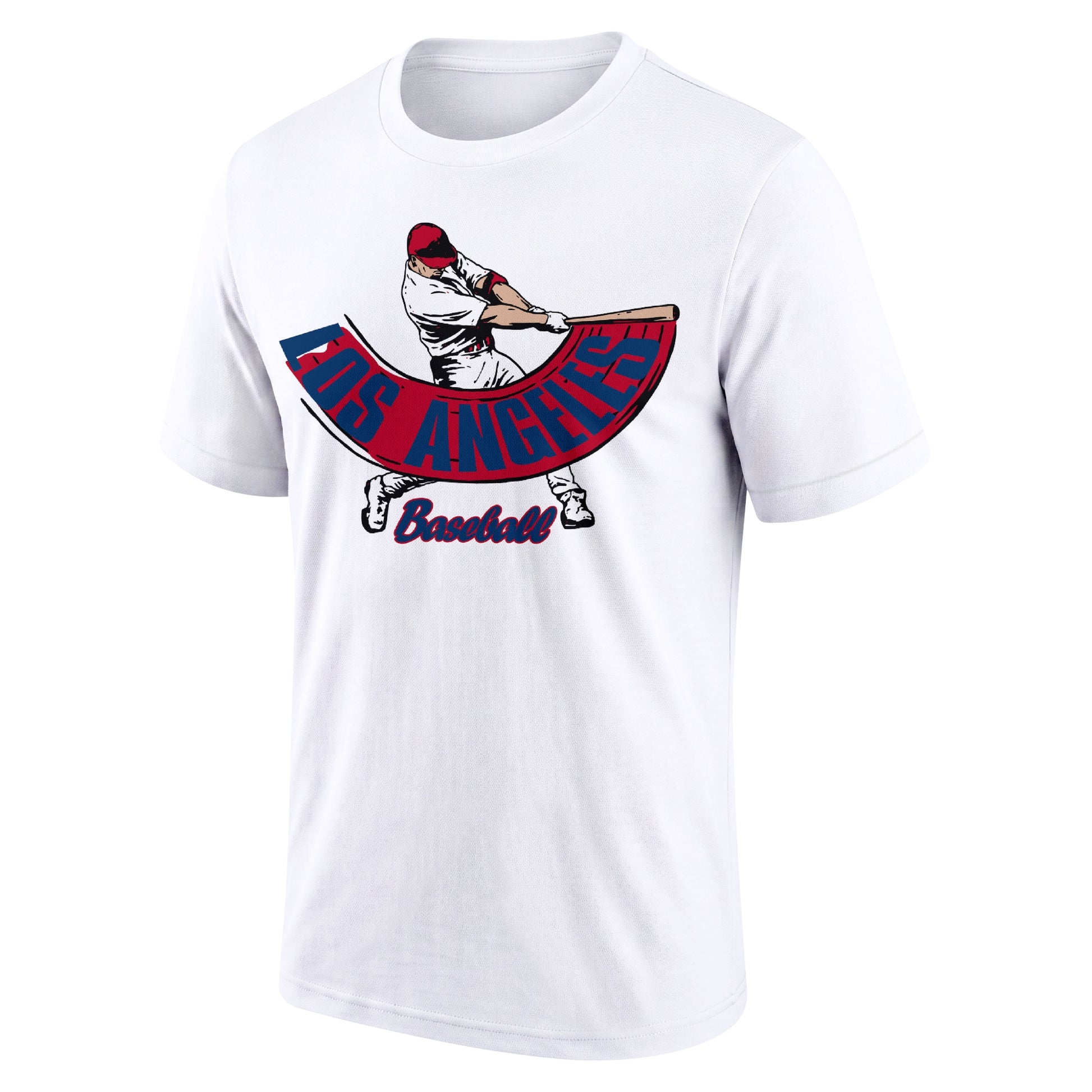 Los Angeles Red White adult baseball T shirt front view with city lettering baseball batter illustration and Baseball script