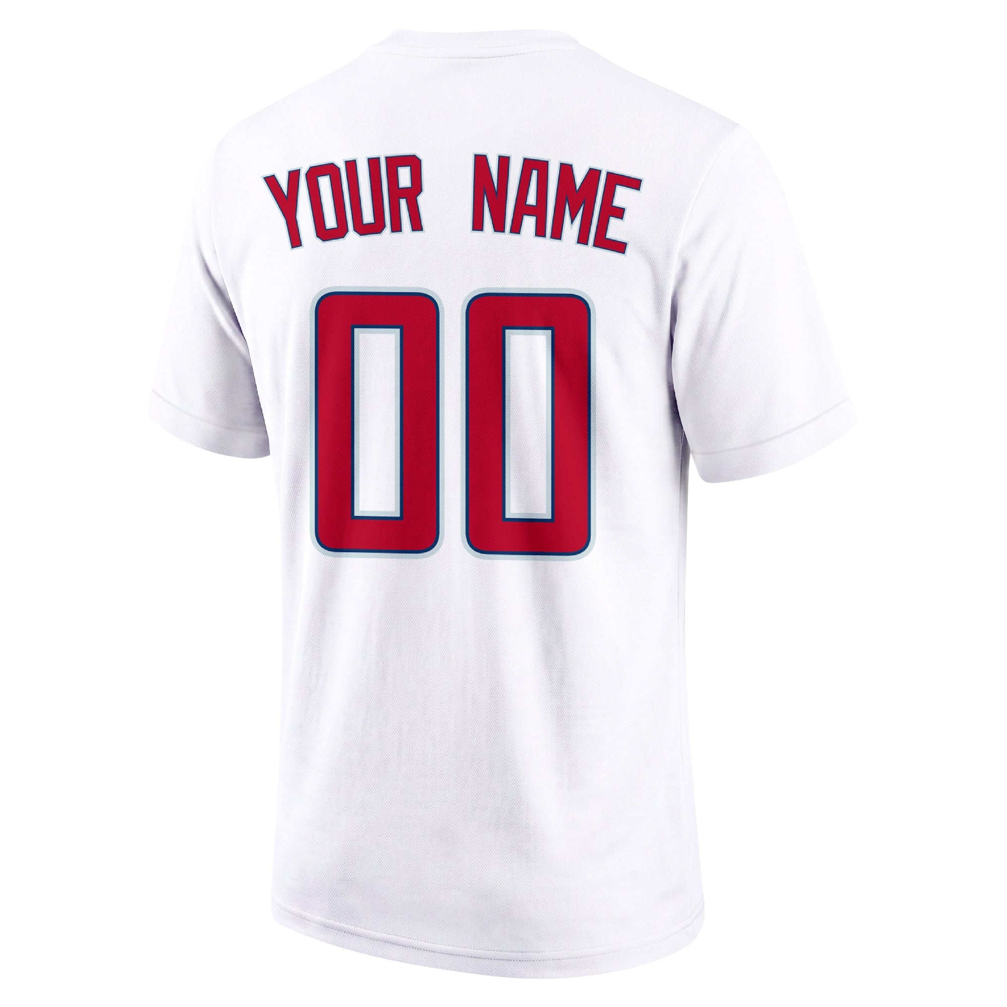 Los Angeles Red White adult baseball T shirt back view with customizable name and large jersey style number