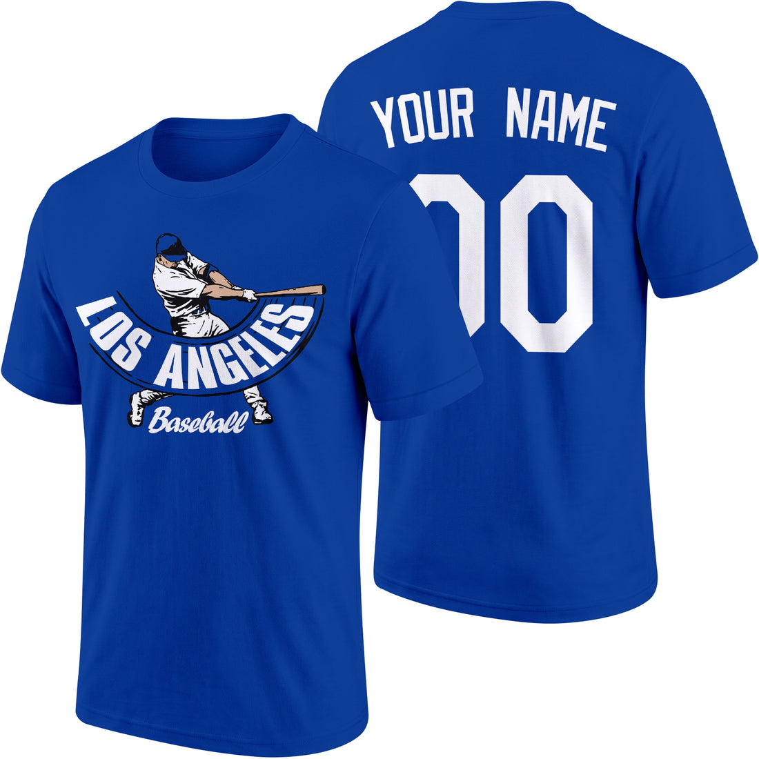 Los Angeles Blue personalized adult baseball batter T shirt in Royal showing front and back with custom name and number