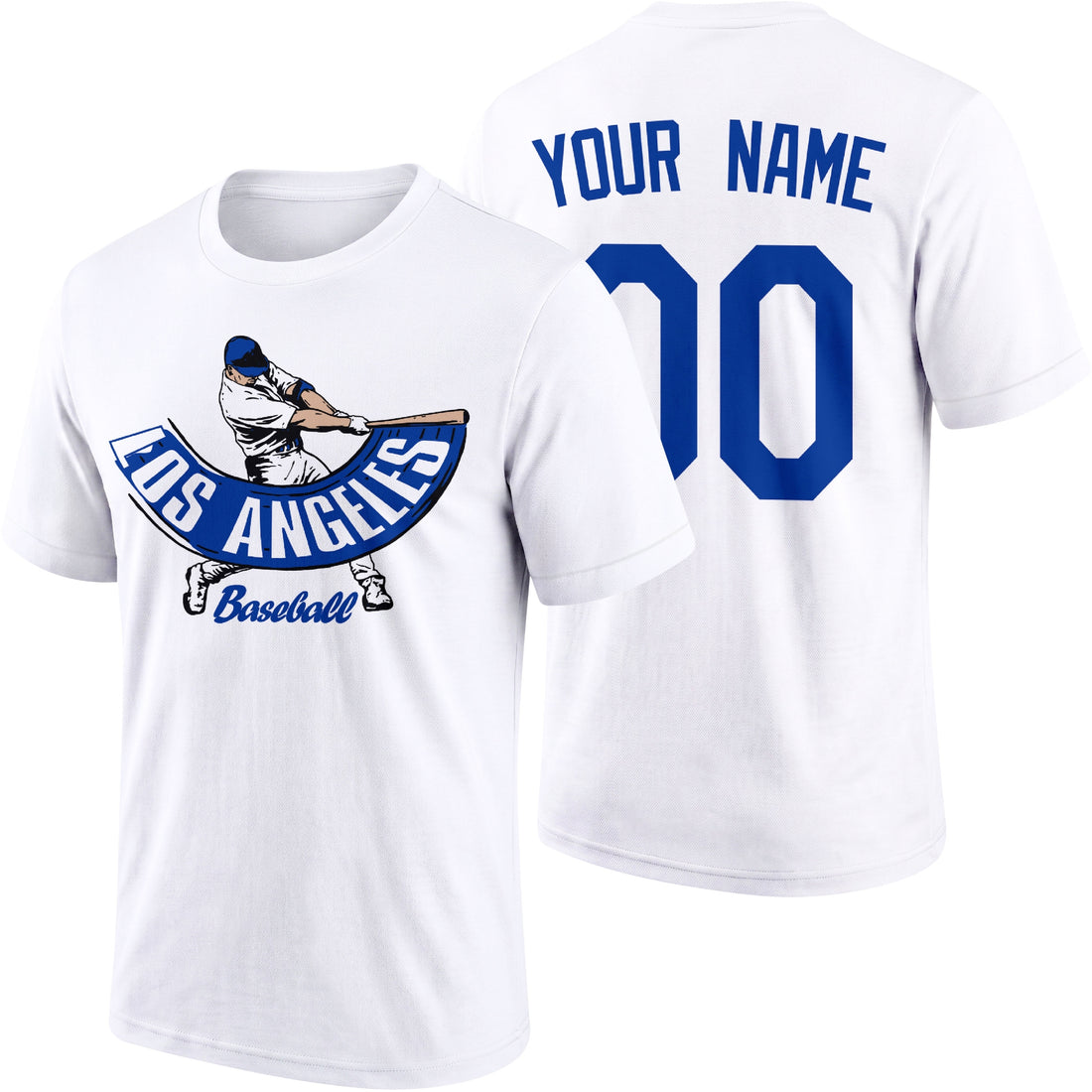Los Angeles Blue personalized adult baseball batter T shirt in Royal showing front and back with custom name and number