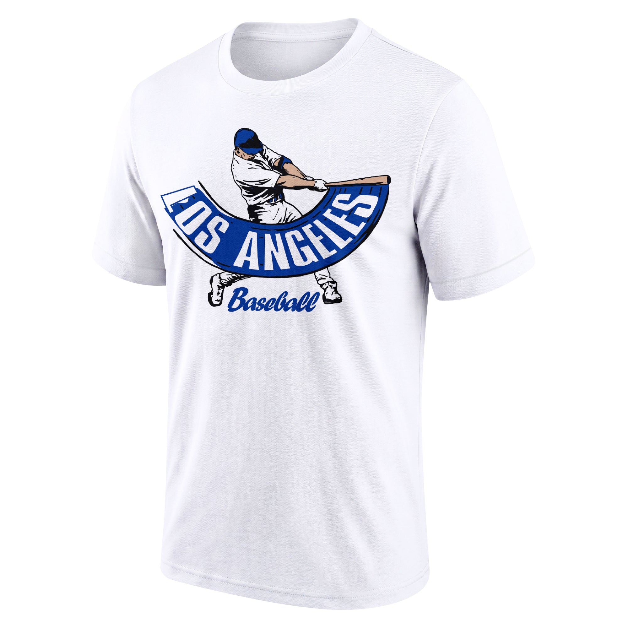 Los Angeles Blue White adult baseball T shirt front view with city lettering baseball batter illustration and Baseball script