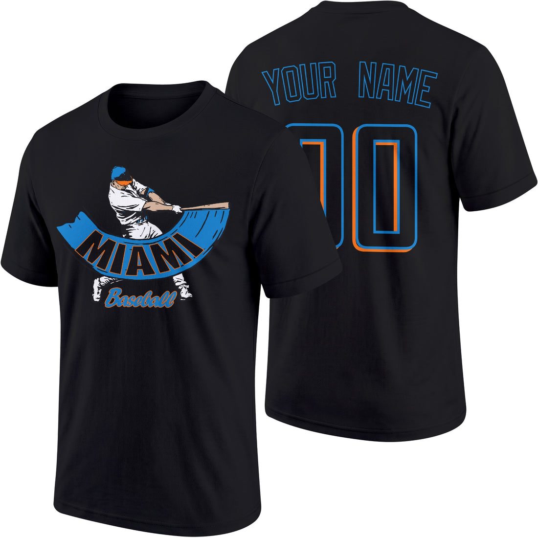 Miami personalized adult baseball batter T shirt in Black showing front and back with custom name and number