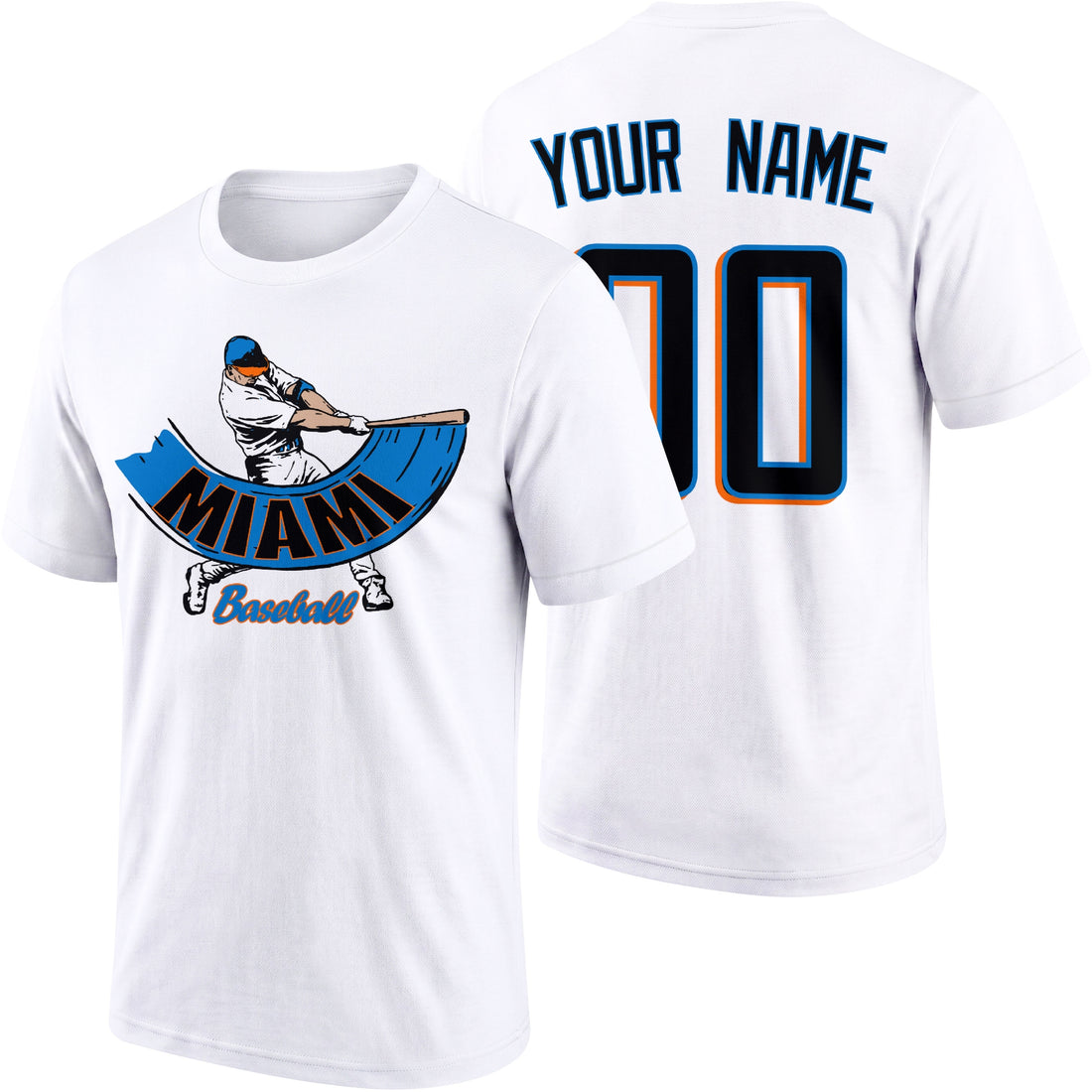 Miami personalized adult baseball batter T shirt in Black showing front and back with custom name and number