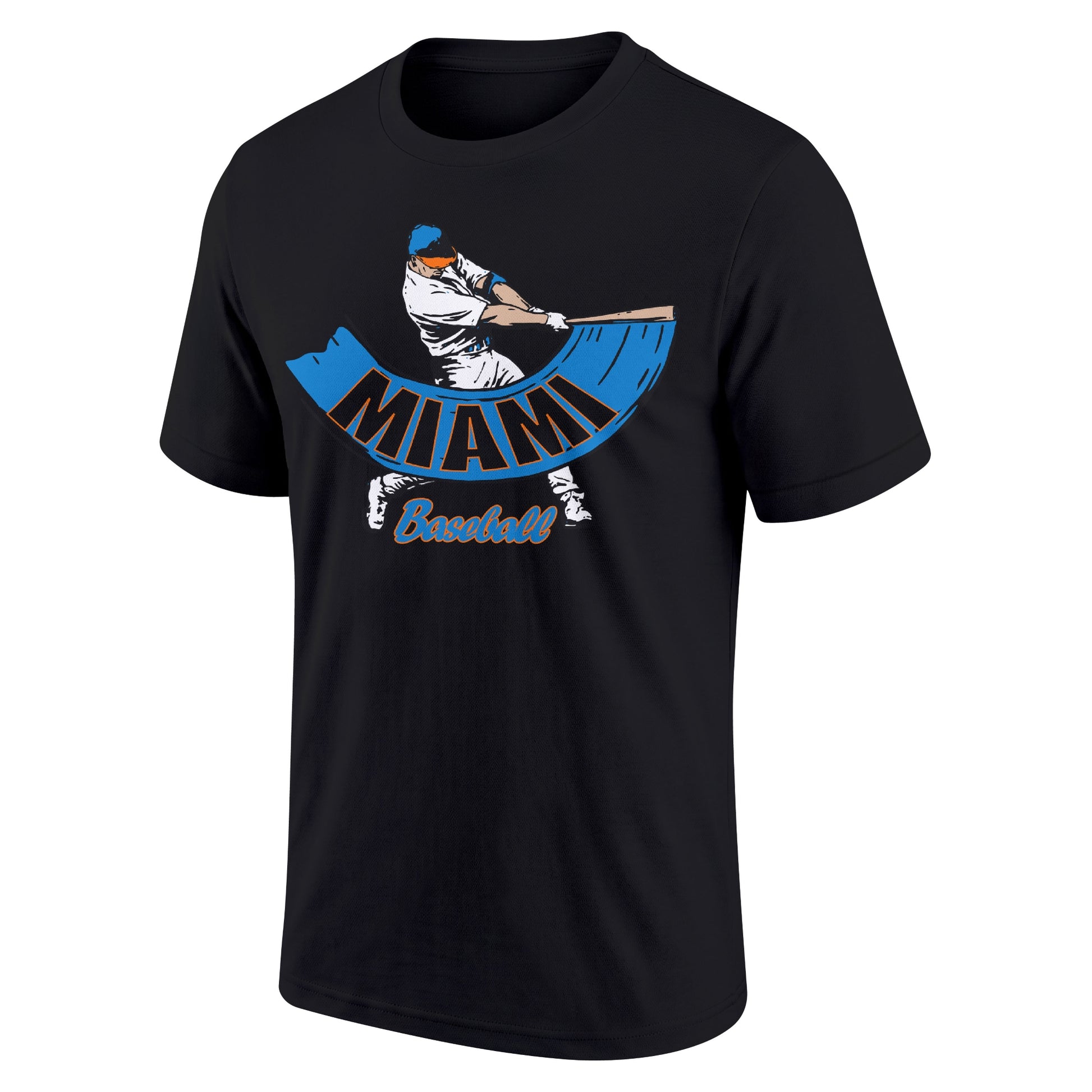 Miami Black adult baseball T shirt front view with city lettering baseball batter illustration and Baseball script