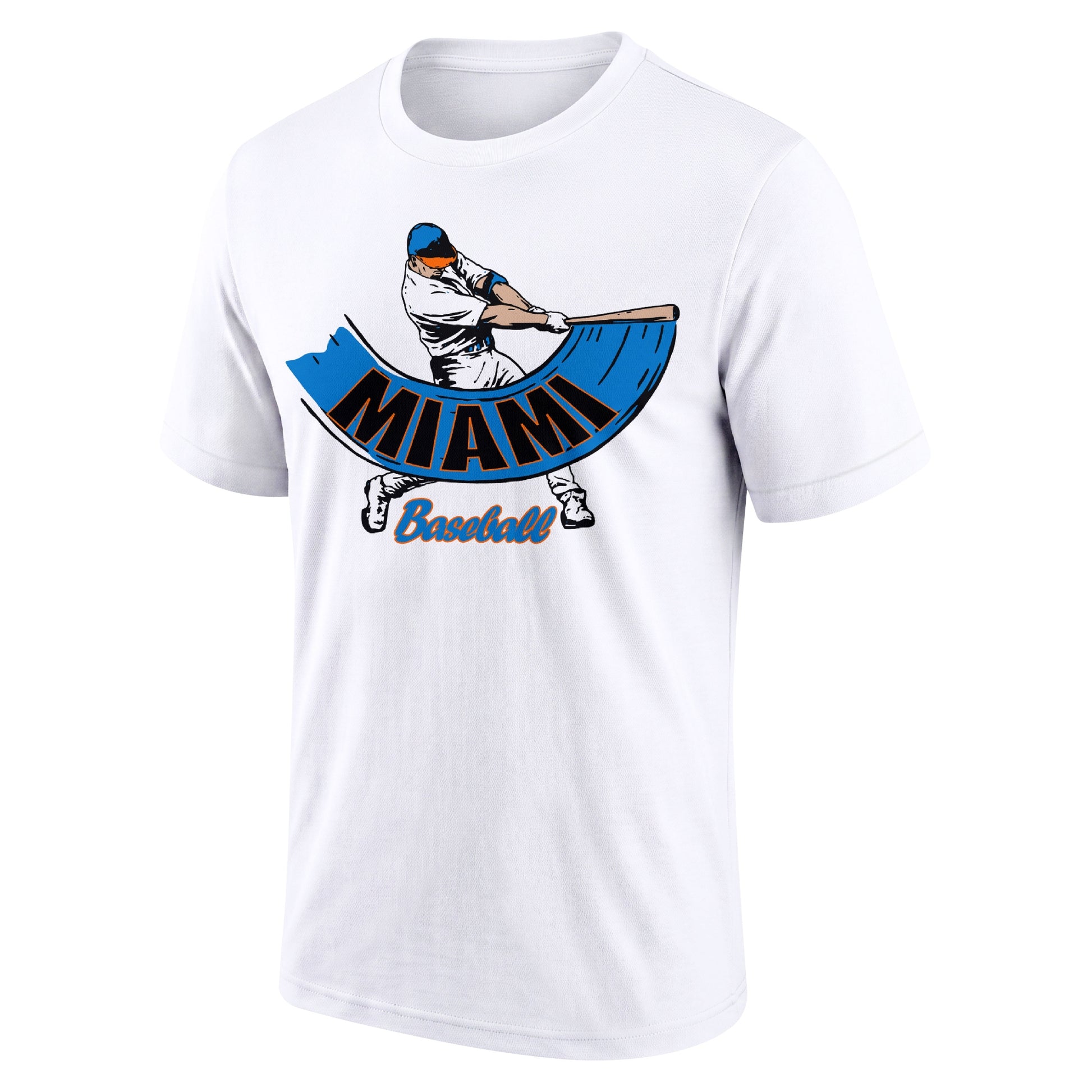 Miami White adult baseball T shirt front view with city lettering baseball batter illustration and Baseball script