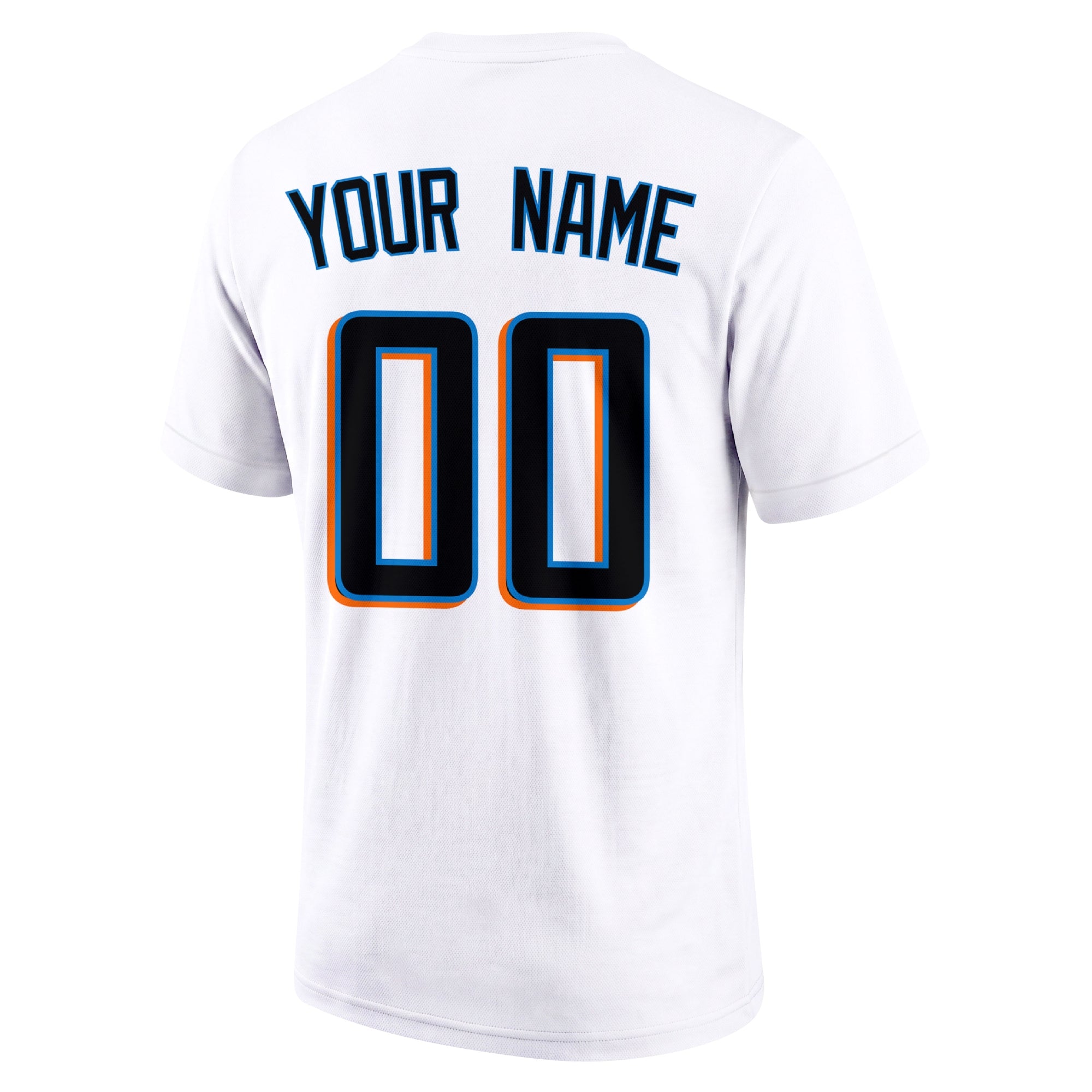 Miami White adult baseball T shirt back view with customizable name and large jersey style number