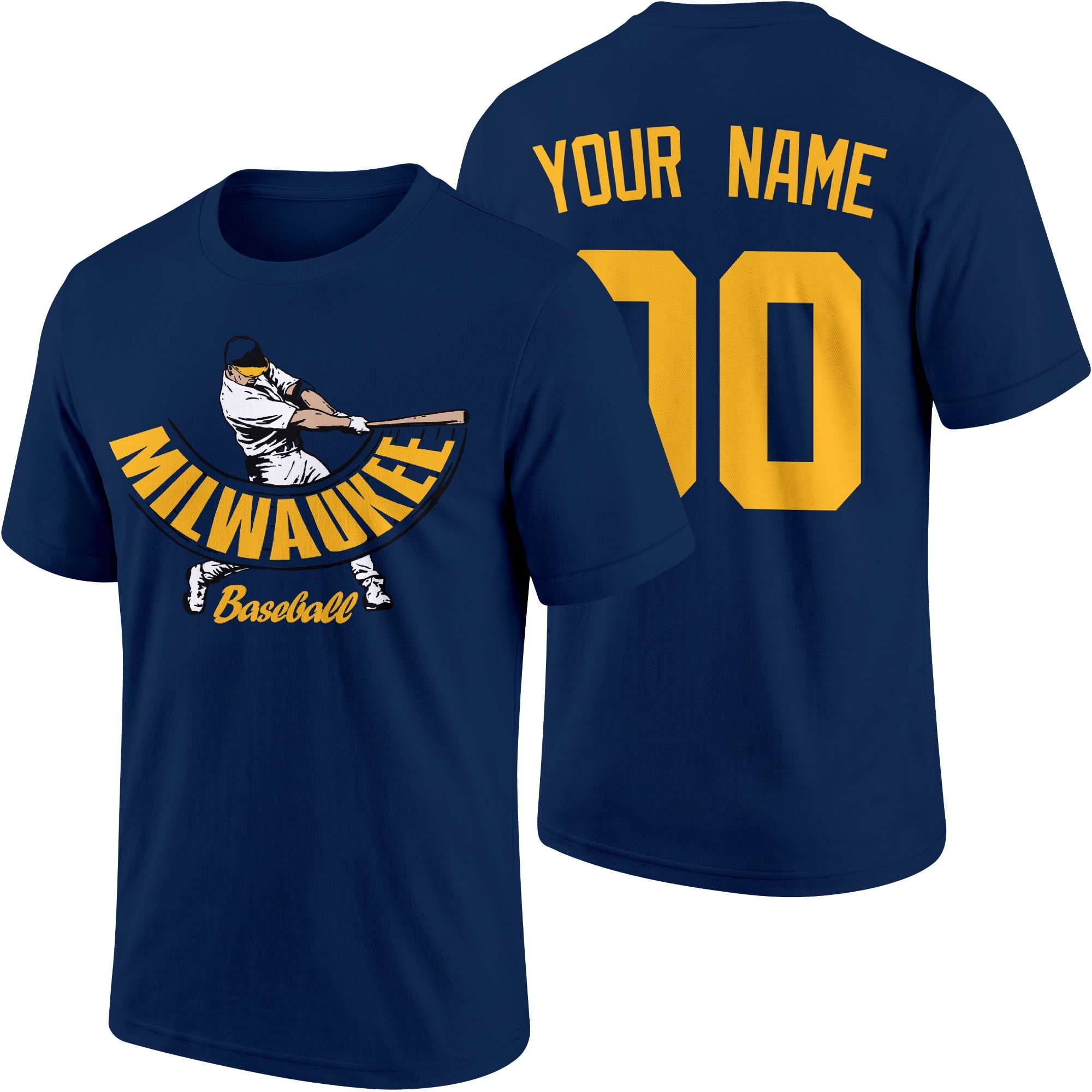 Milwaukee personalized adult baseball batter T shirt in Navy showing front and back with custom name and number