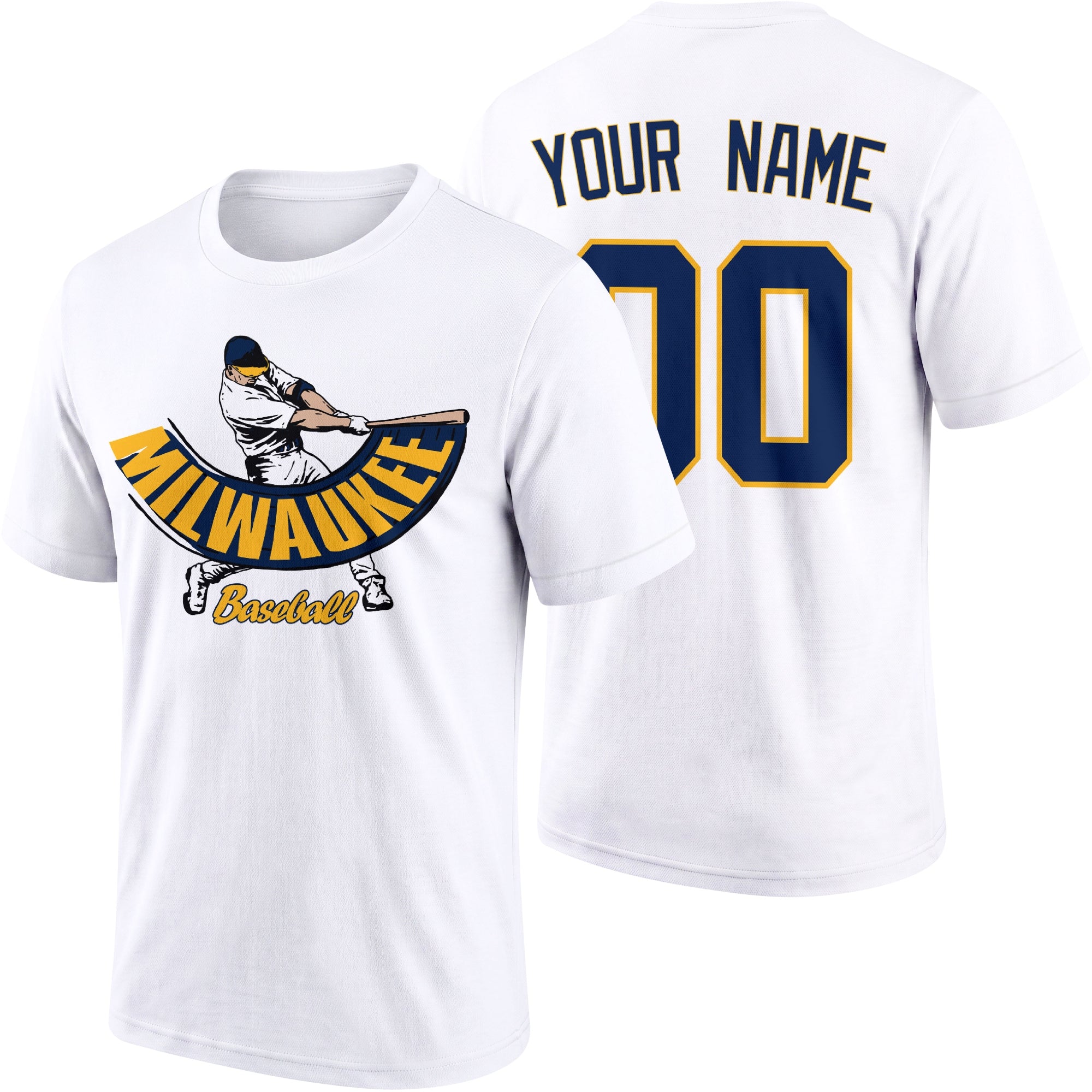 Milwaukee personalized adult baseball batter T shirt in White showing front and back with custom name and number
