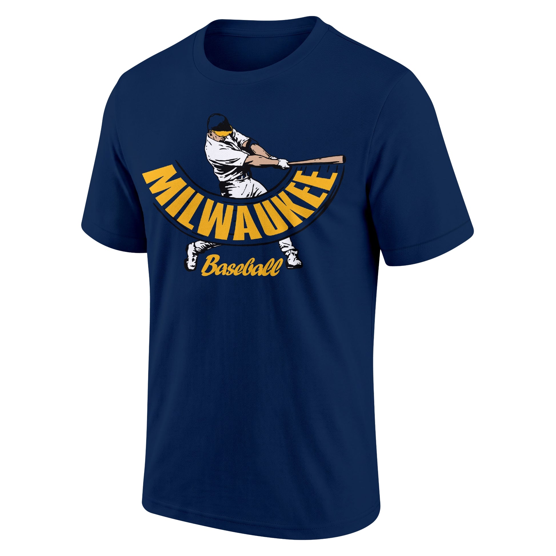 Milwaukee Navy adult baseball T shirt front view with city lettering baseball batter illustration and Baseball script
