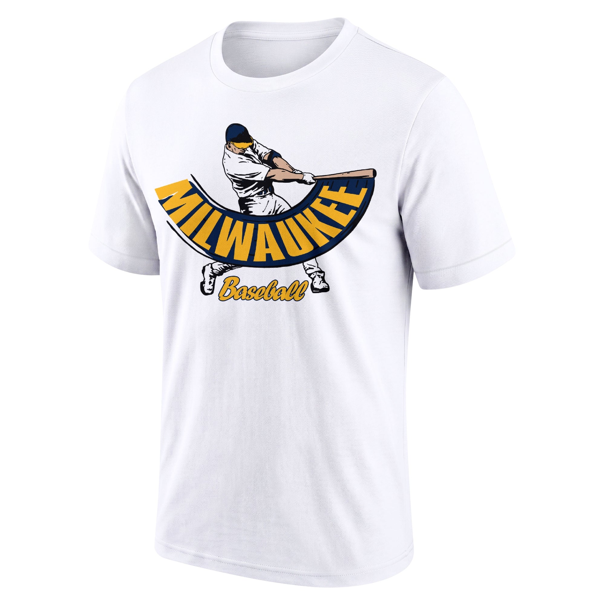 Milwaukee White adult baseball T shirt front view with city lettering baseball batter illustration and Baseball script