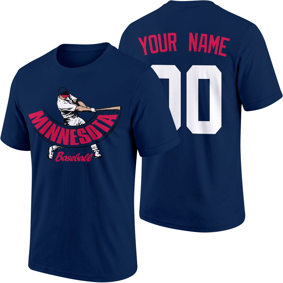 Minnesota personalized adult baseball batter T shirt in Navy showing front and back with custom name and number