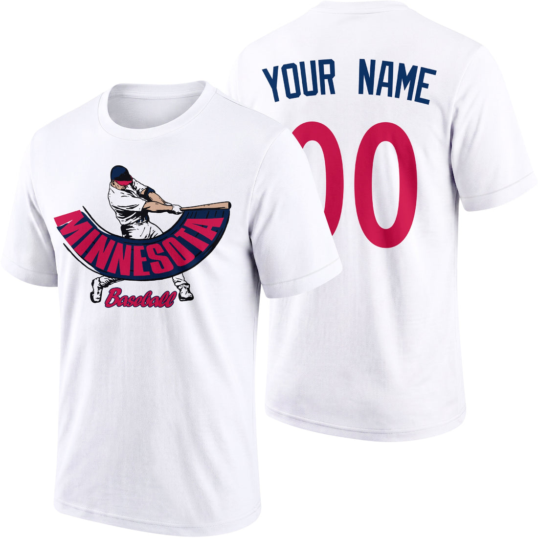 Minnesota personalized adult baseball batter T shirt in Navy showing front and back with custom name and number