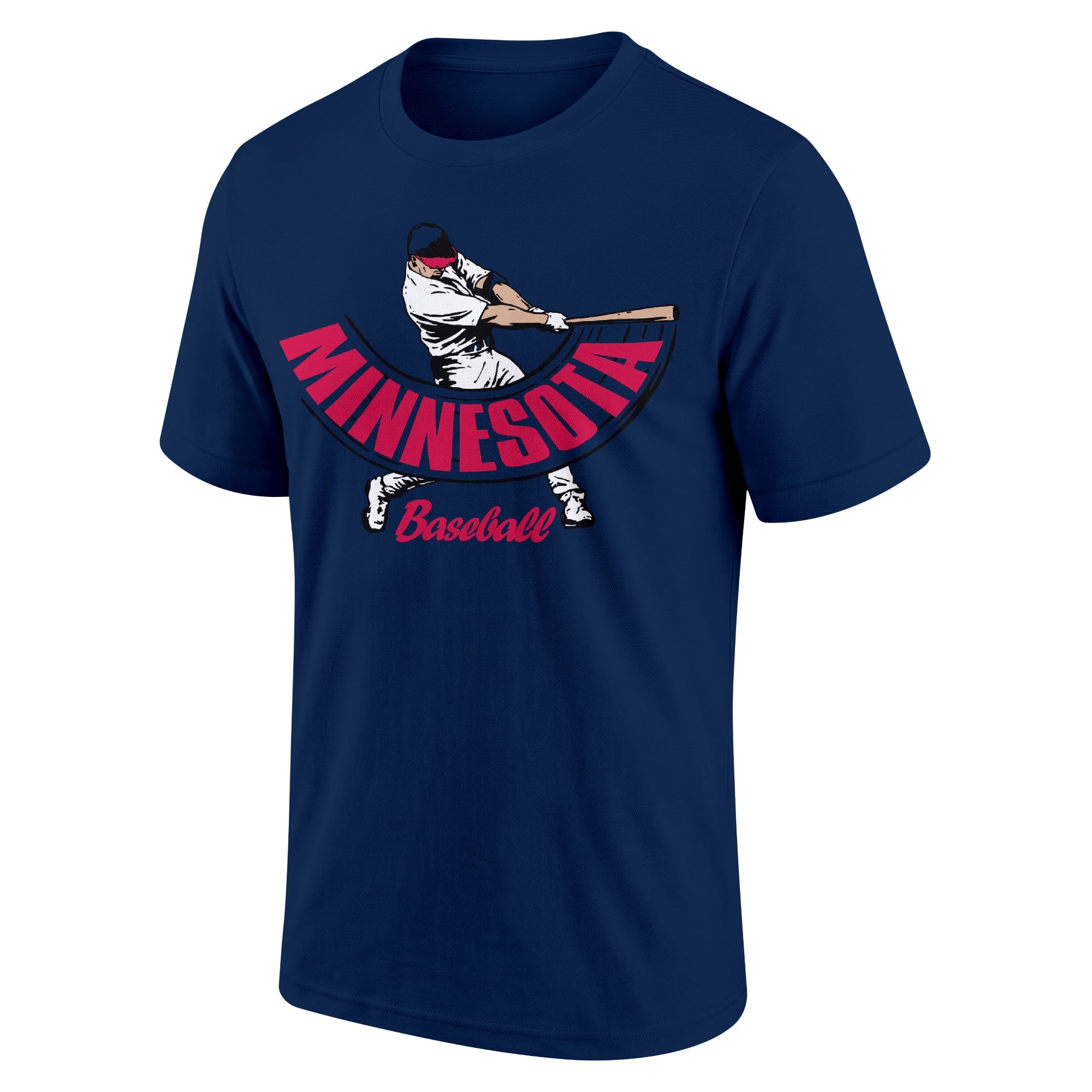 Minnesota Navy adult baseball T shirt front view with city lettering baseball batter illustration and Baseball script