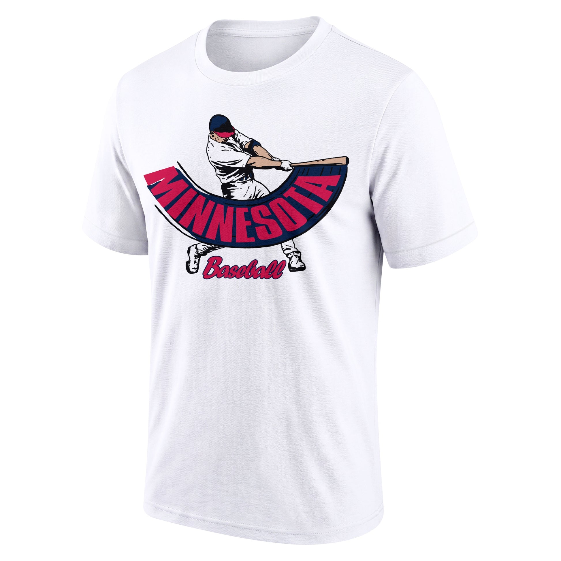 Minnesota White adult baseball T shirt front view with city lettering baseball batter illustration and Baseball script