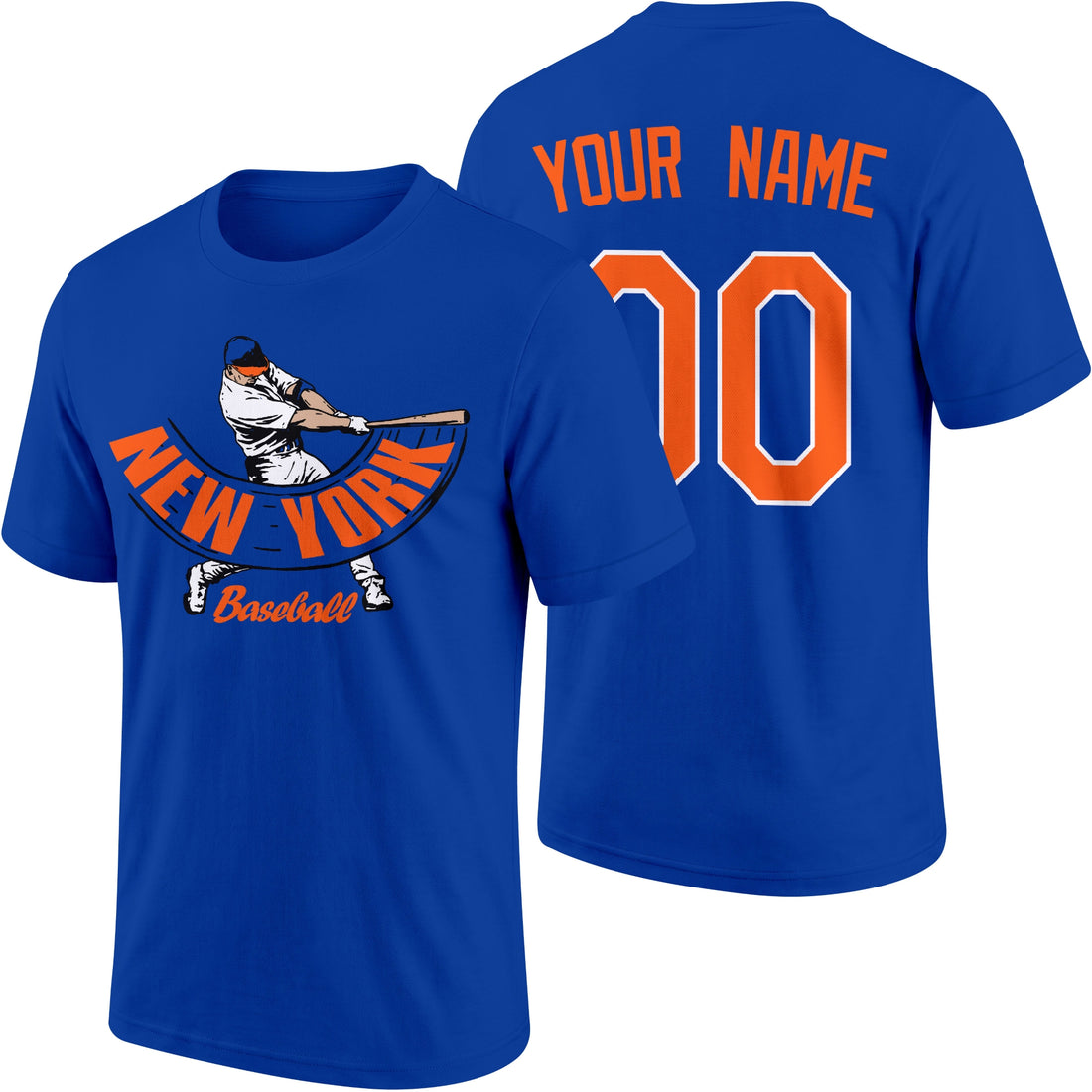 New York Orange and Blue personalized adult baseball batter T shirt in Royal showing front and back with custom name and number