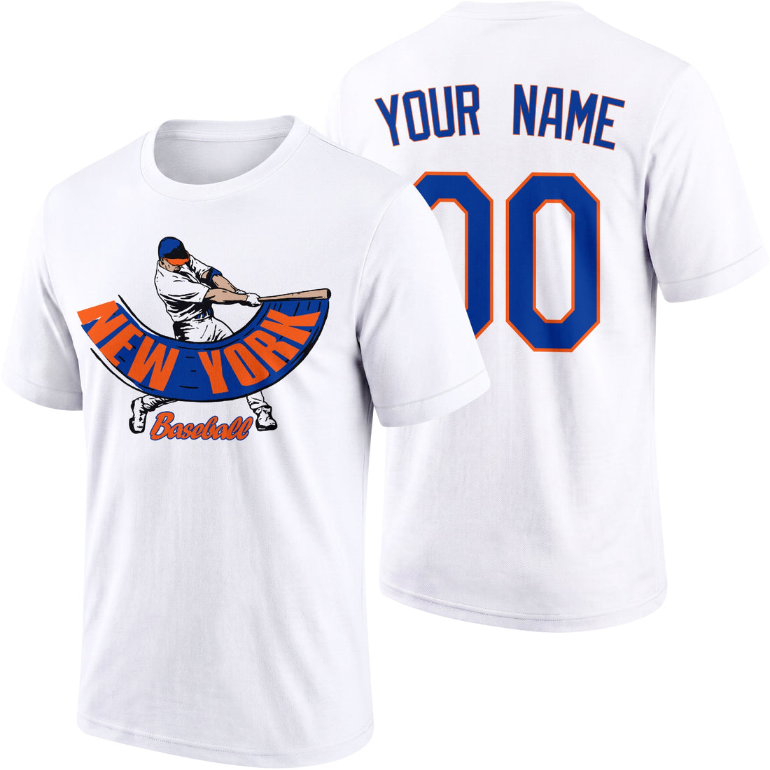New York Orange and Blue personalized adult baseball batter T shirt in Royal showing front and back with custom name and number
