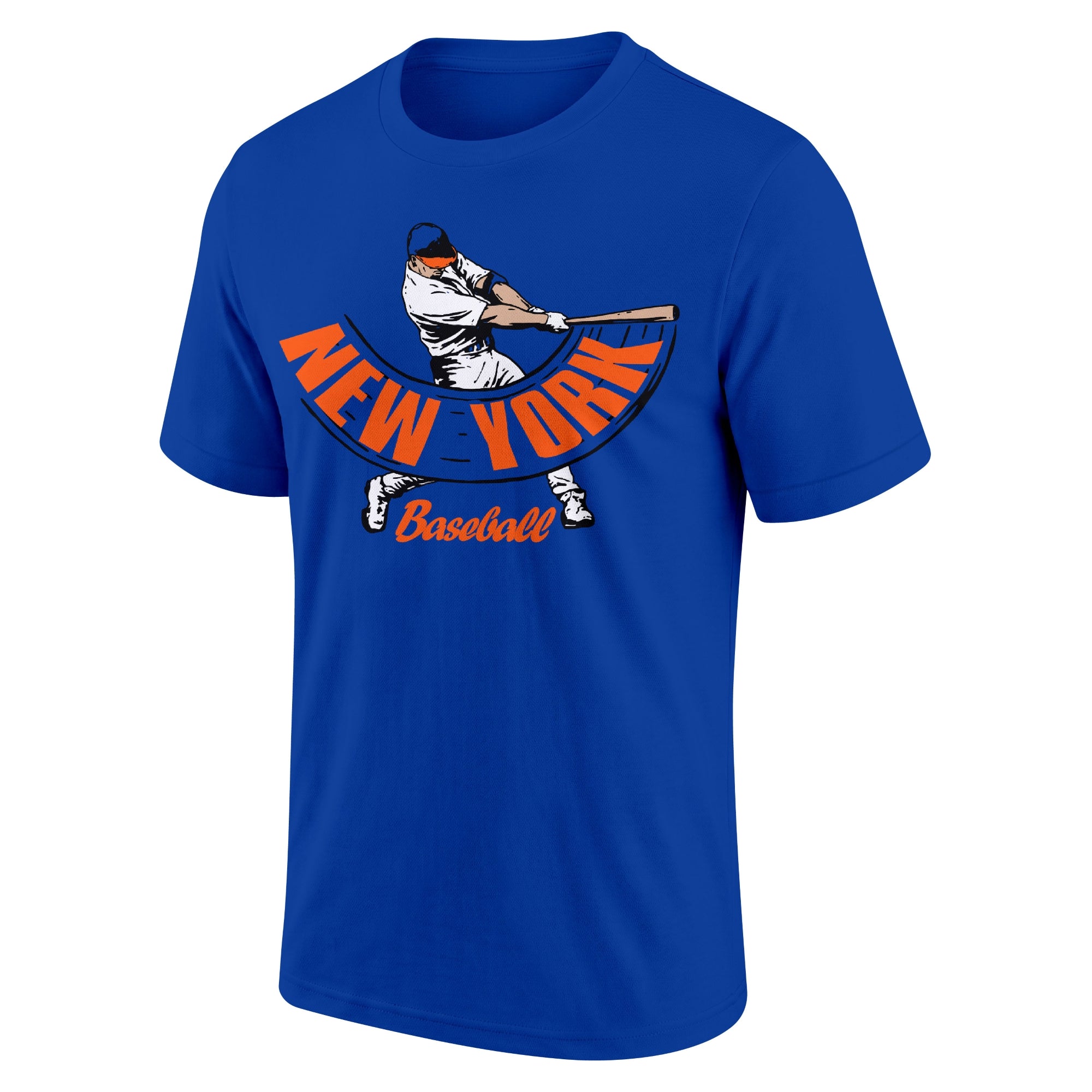 New York Orange and Blue Royal adult baseball T shirt front view with city lettering baseball batter illustration and Baseball script