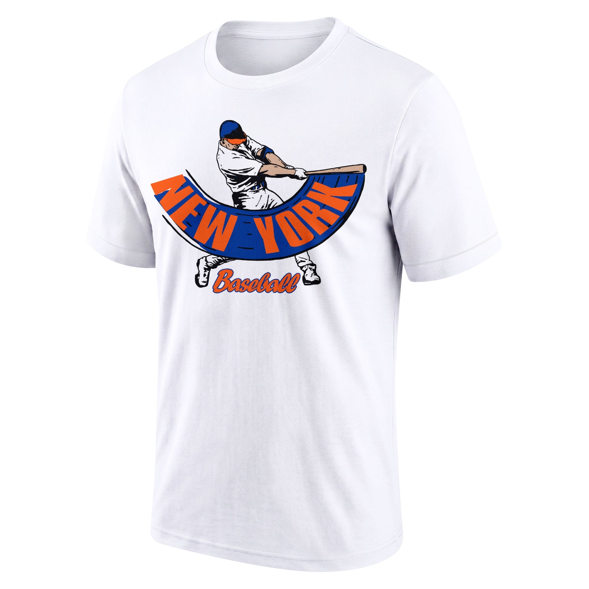 New York Orange and Blue White adult baseball T shirt front view with city lettering baseball batter illustration and Baseball script