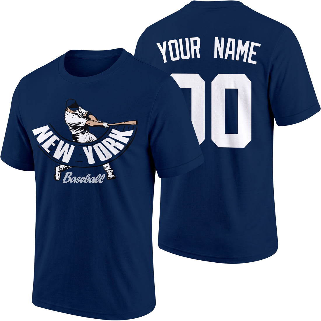 New York Navy and White personalized adult baseball batter T shirt in Navy showing front and back with custom name and number