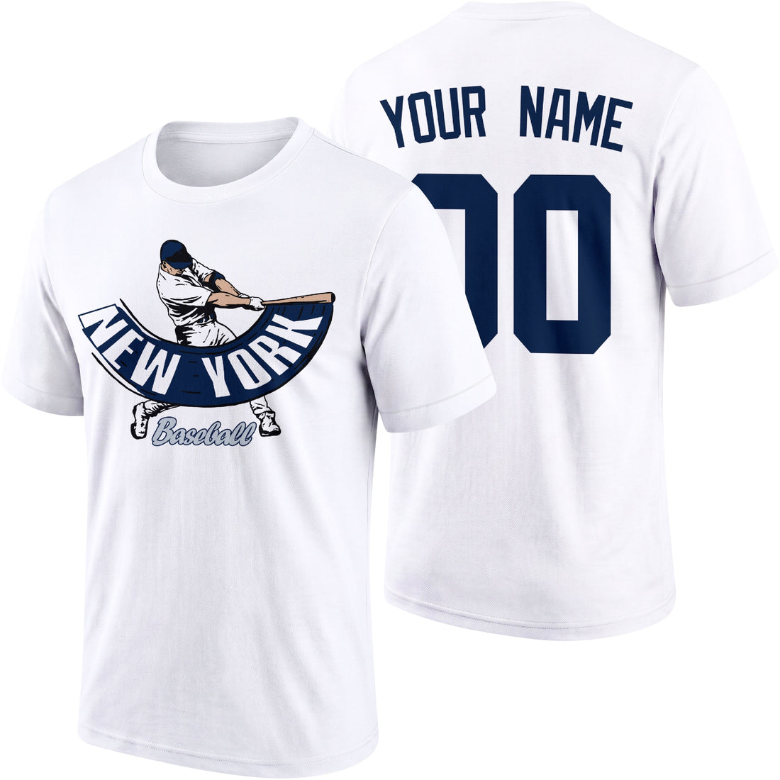 New York Navy and White personalized adult baseball batter T shirt in Navy showing front and back with custom name and number