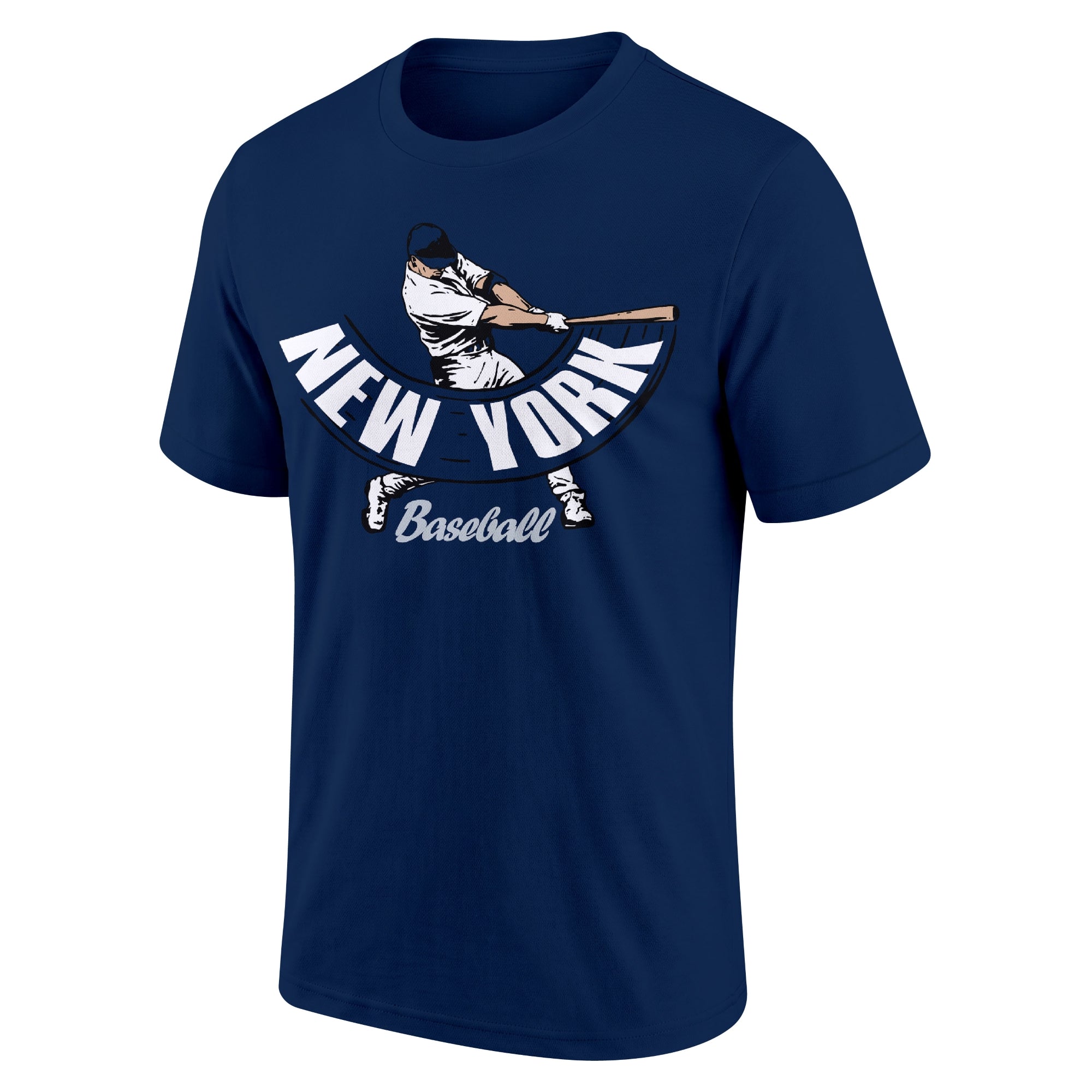 New York Navy and White Navy adult baseball T shirt front view with city lettering baseball batter illustration and Baseball script