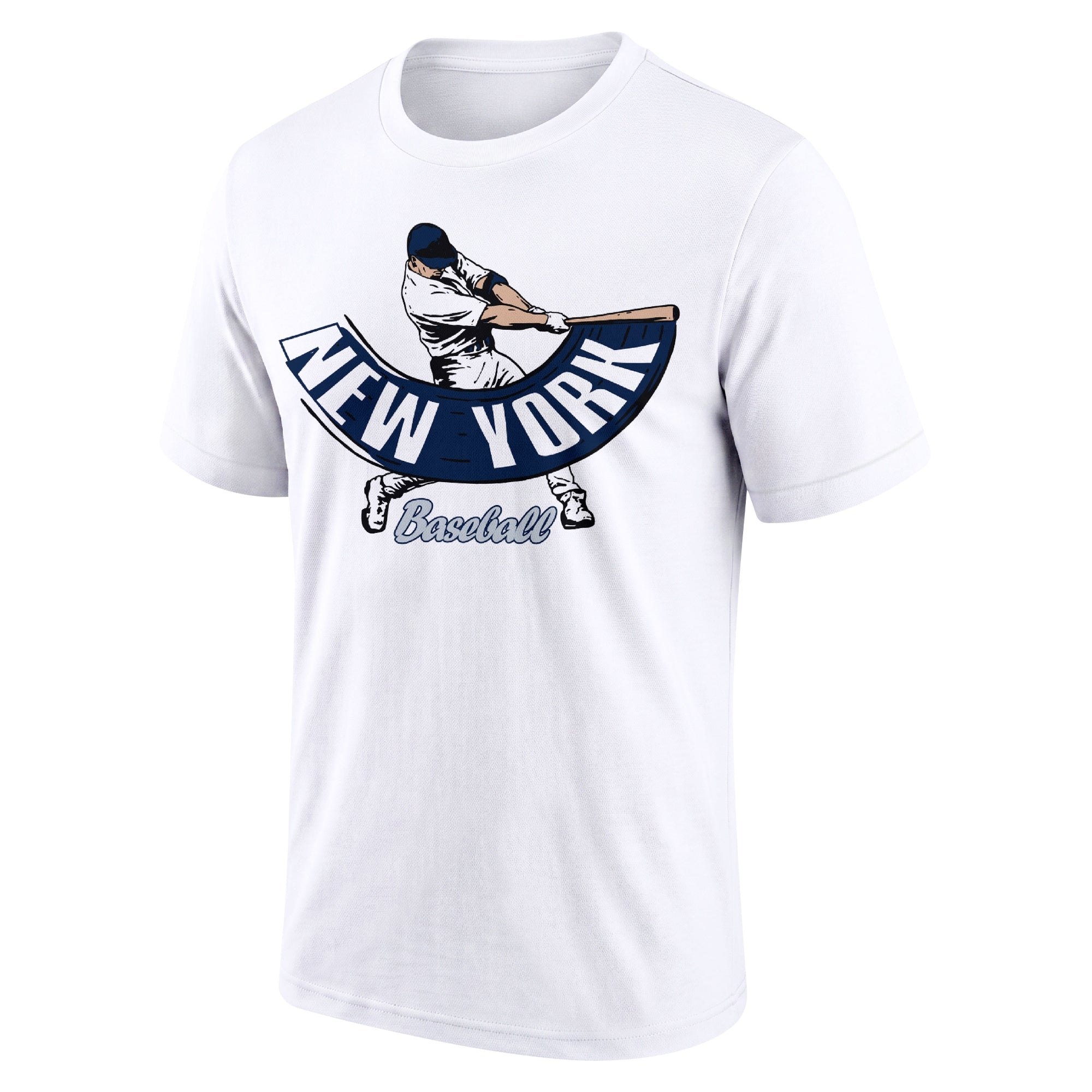 New York Navy and White White adult baseball T shirt front view with city lettering baseball batter illustration and Baseball script