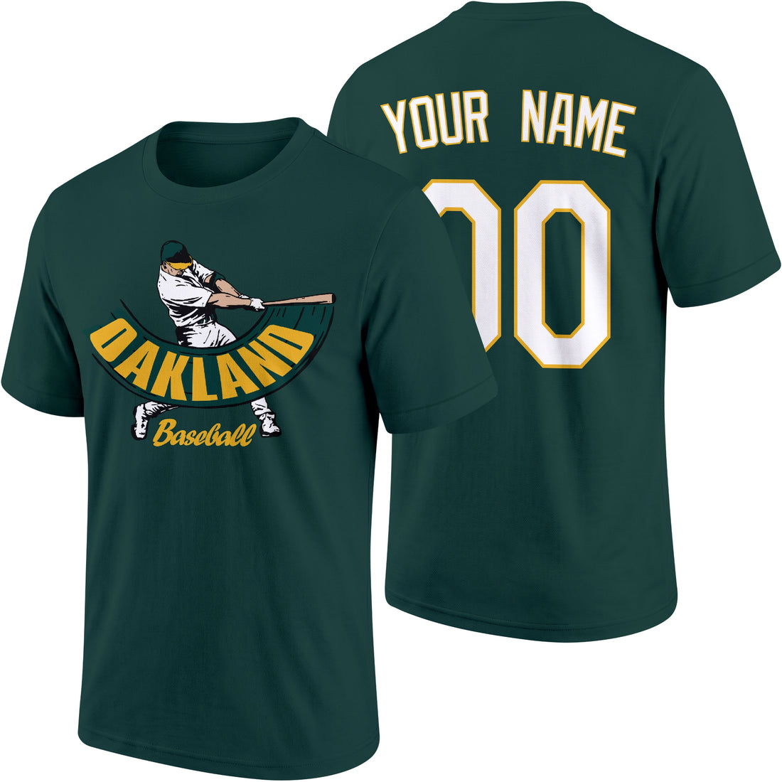 Oakland personalized adult baseball batter T shirt in Green showing front and back with custom name and number