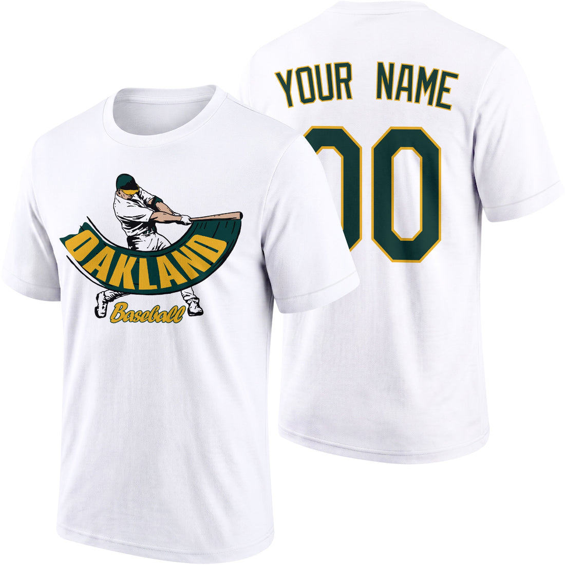 Oakland personalized adult baseball batter T shirt in Green showing front and back with custom name and number