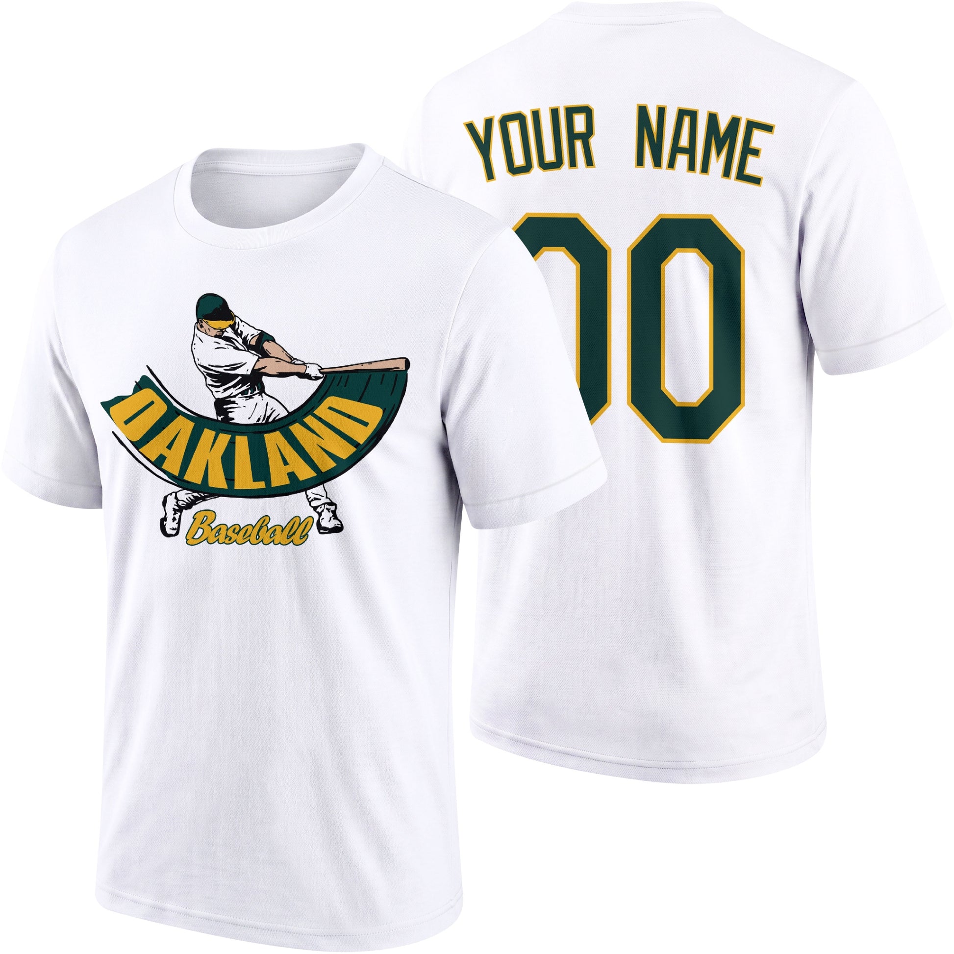 Oakland personalized adult baseball batter T shirt in White showing front and back with custom name and number