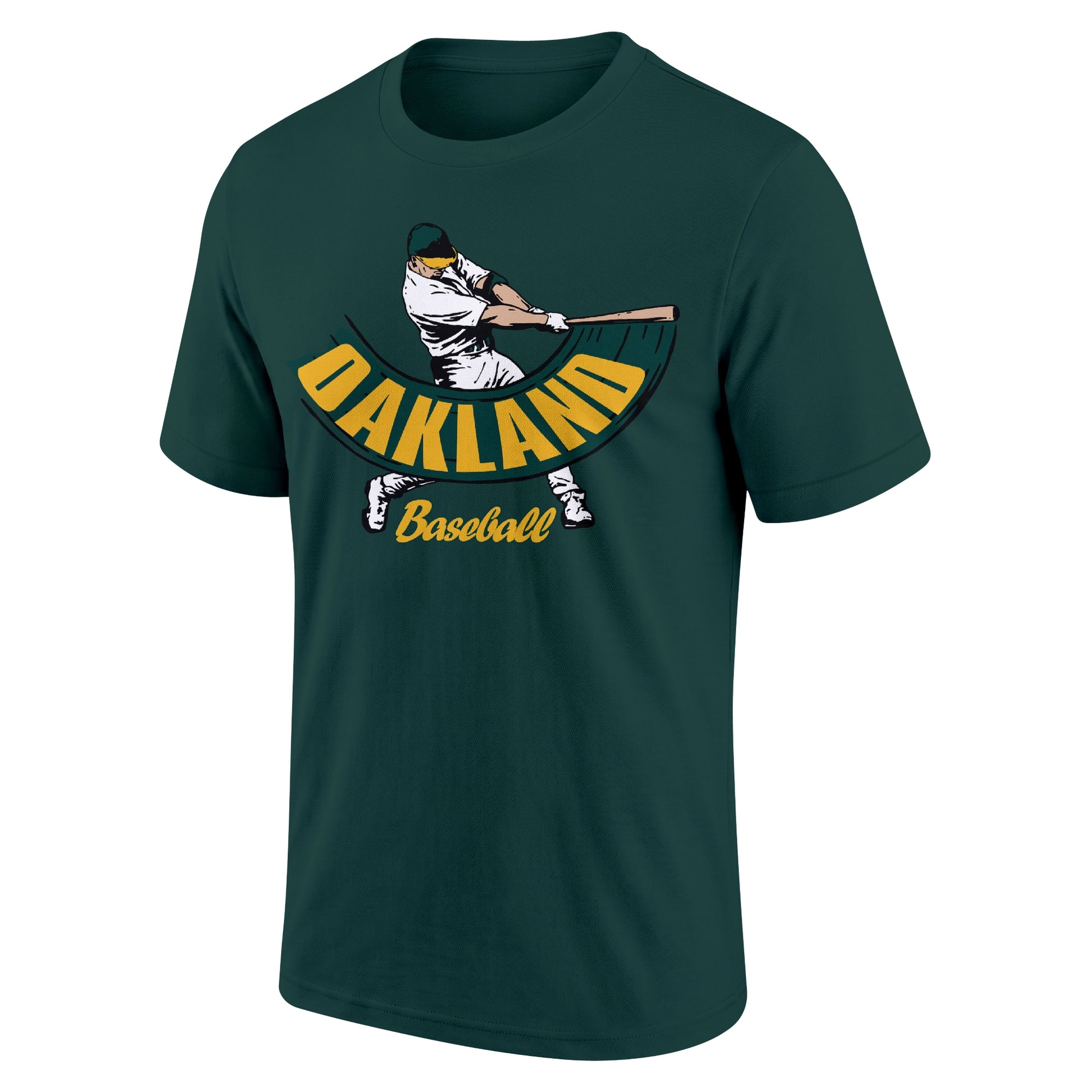 Oakland Green adult baseball T shirt front view with city lettering baseball batter illustration and Baseball script