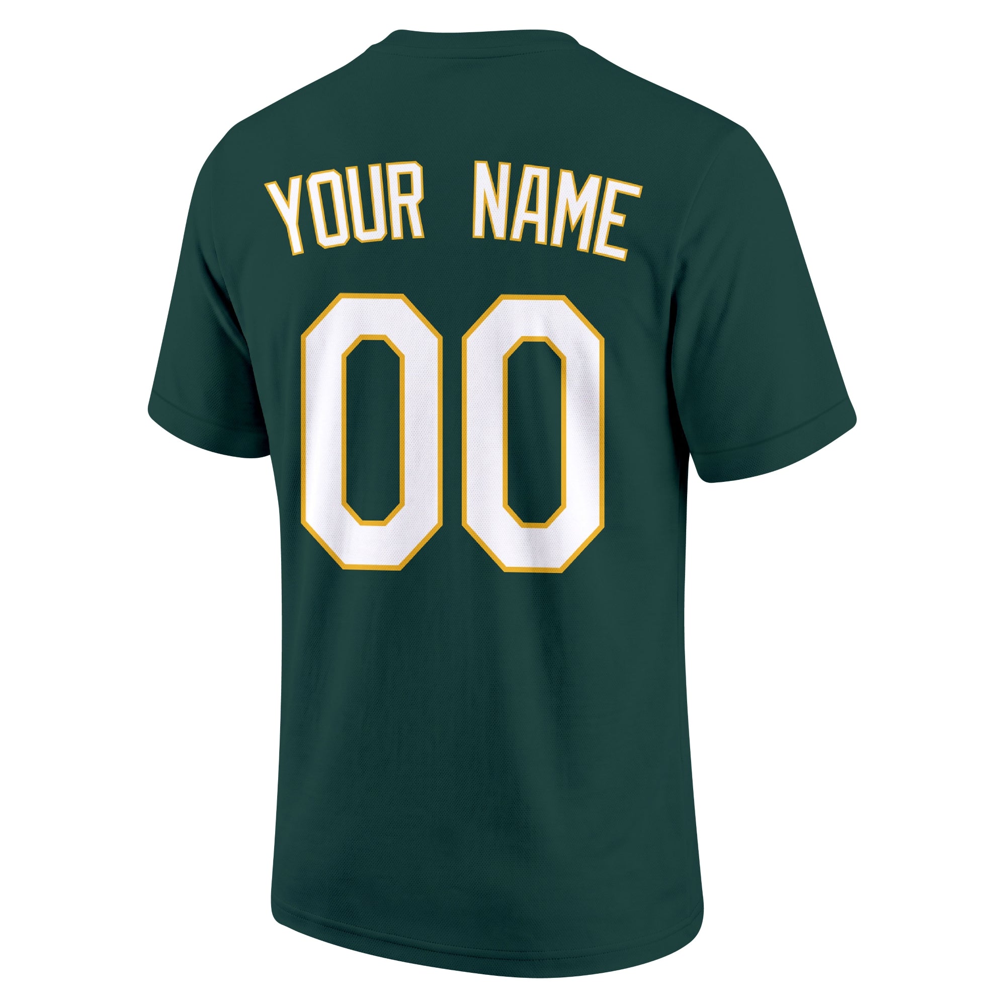 Oakland Green adult baseball T shirt back view with customizable name and large jersey style number