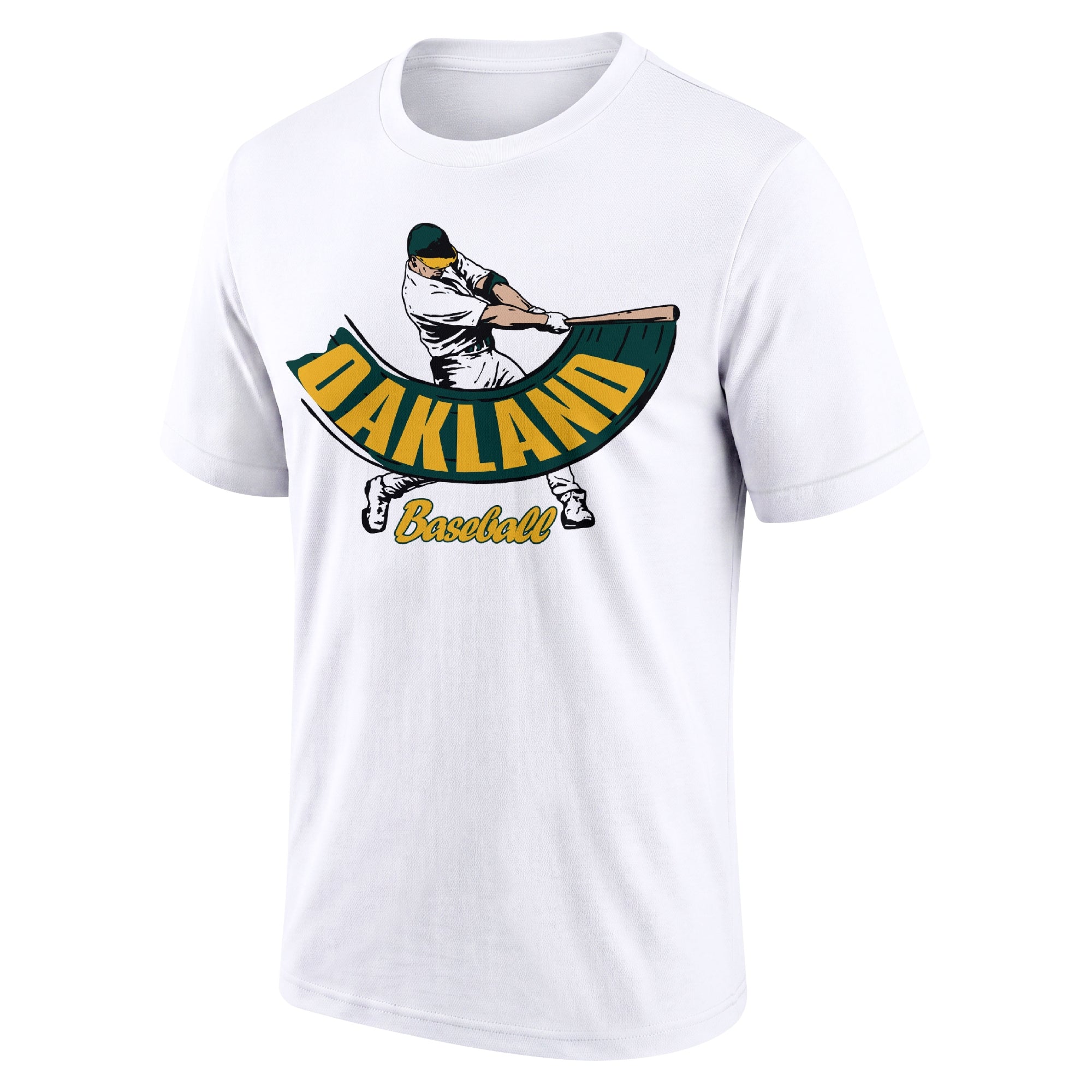 Oakland White adult baseball T shirt front view with city lettering baseball batter illustration and Baseball script