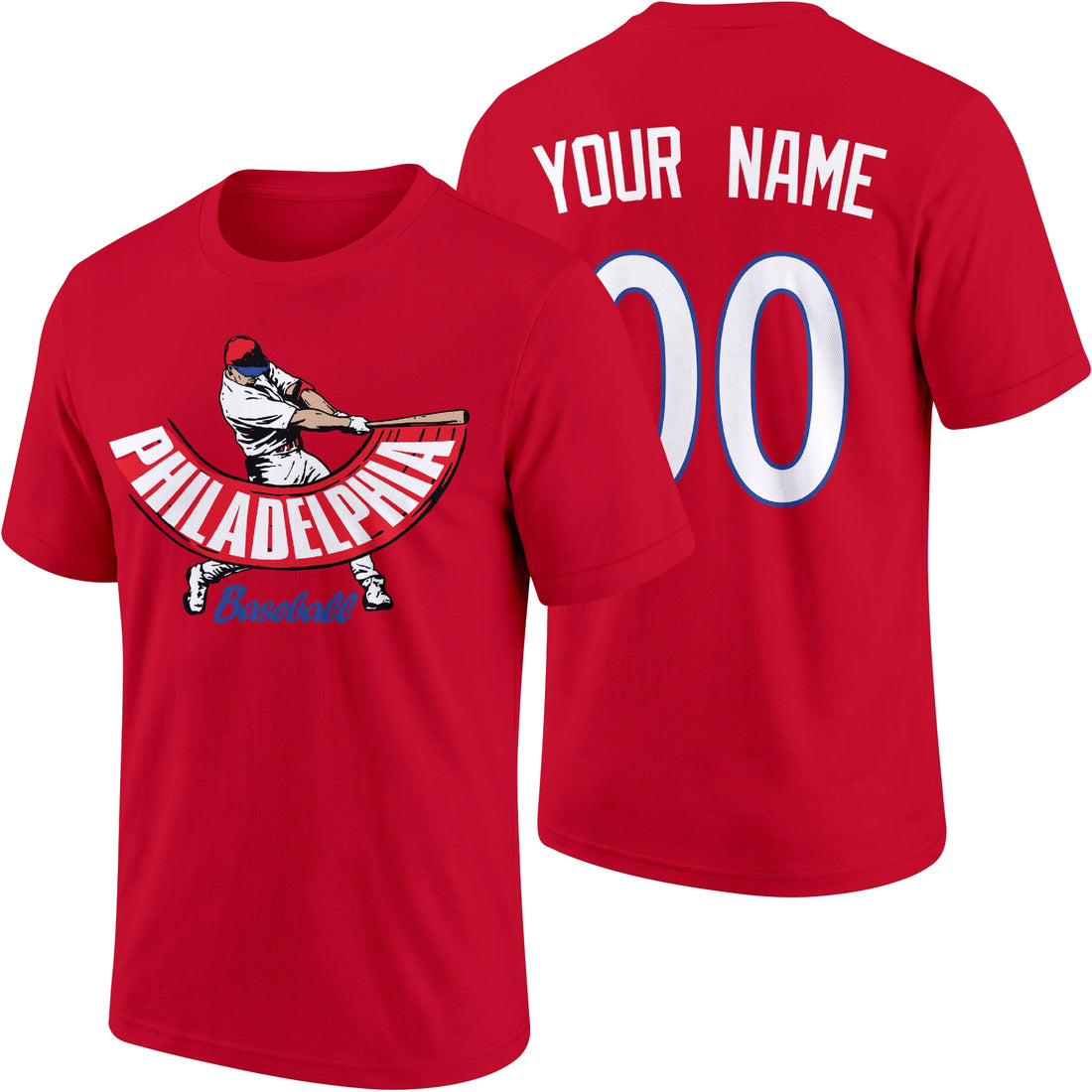 Philadelphia personalized adult baseball batter T shirt in Red showing front and back with custom name and number