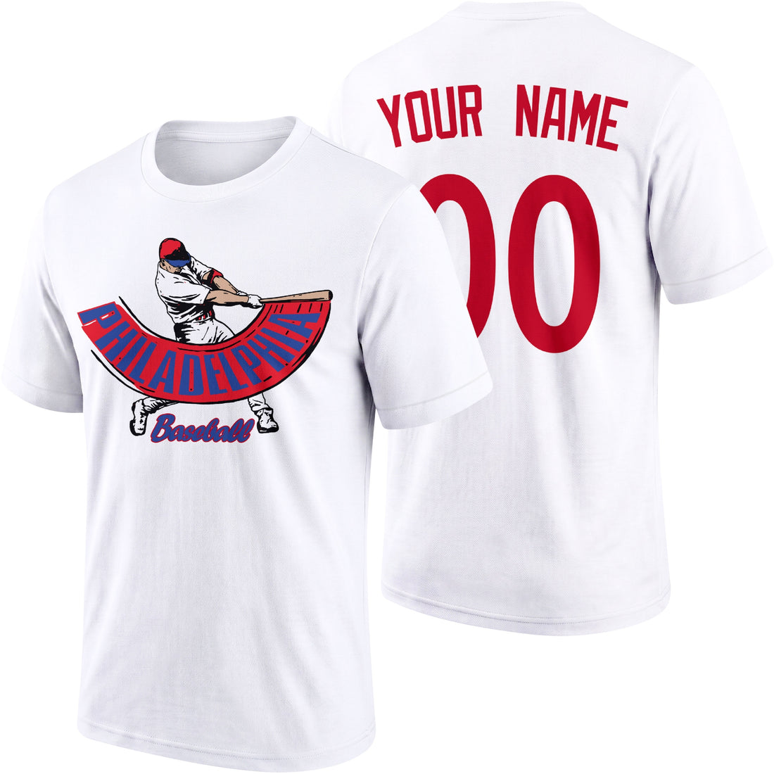 Philadelphia personalized adult baseball batter T shirt in Red showing front and back with custom name and number