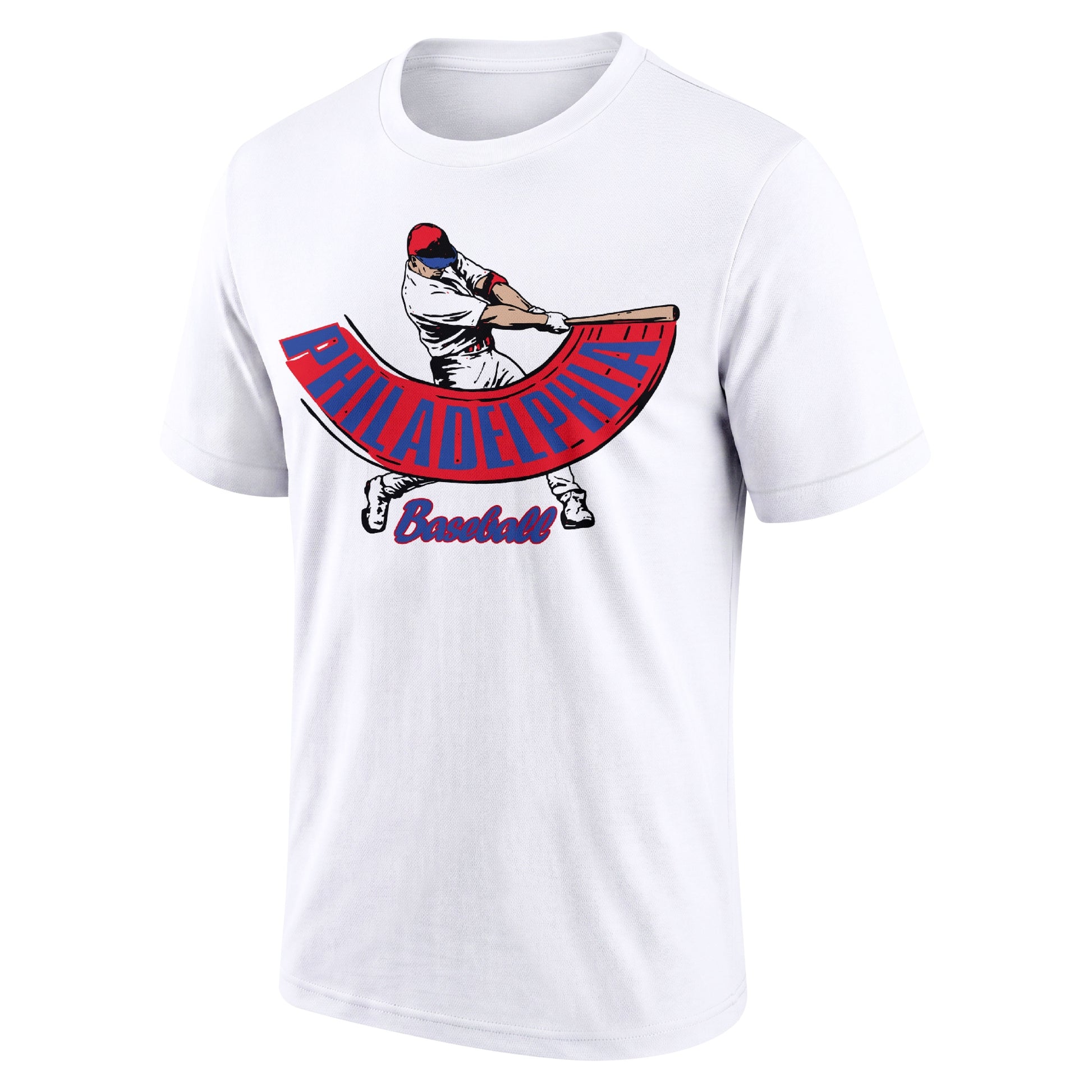 Philadelphia White adult baseball T shirt front view with city lettering baseball batter illustration and Baseball script