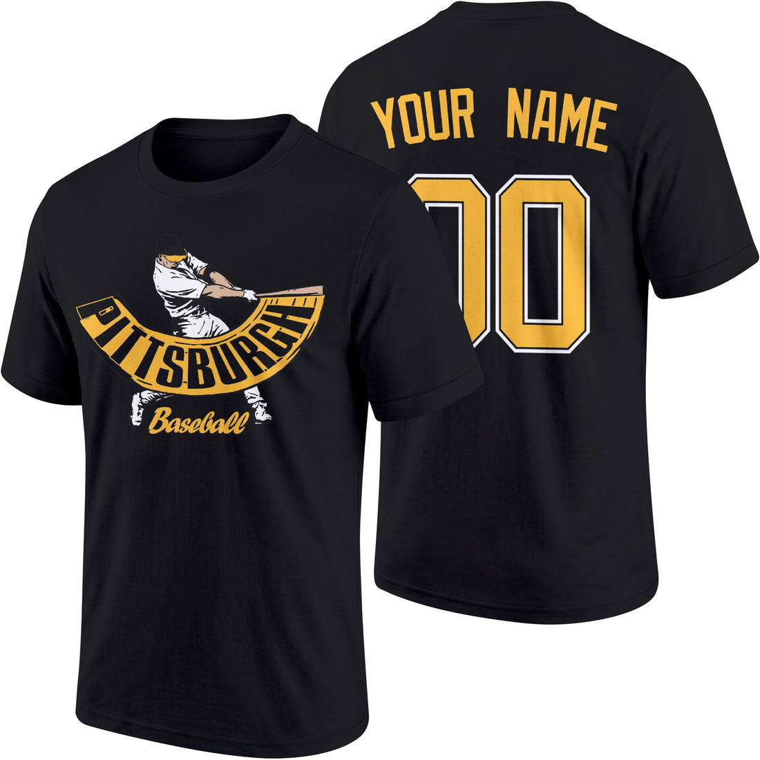 Pittsburgh personalized adult baseball batter T shirt in Black showing front and back with custom name and number