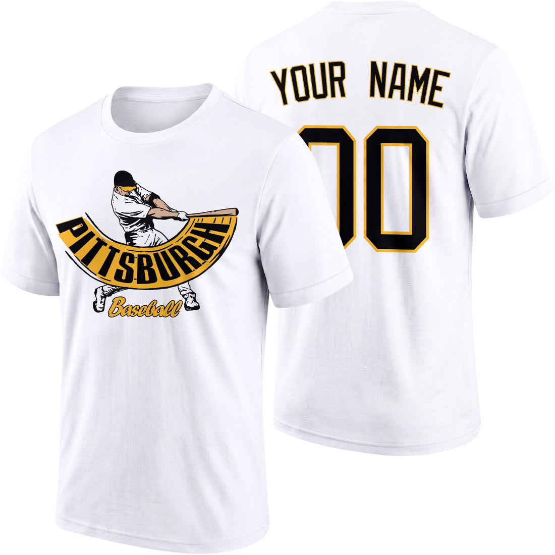 Pittsburgh personalized adult baseball batter T shirt in Black showing front and back with custom name and number
