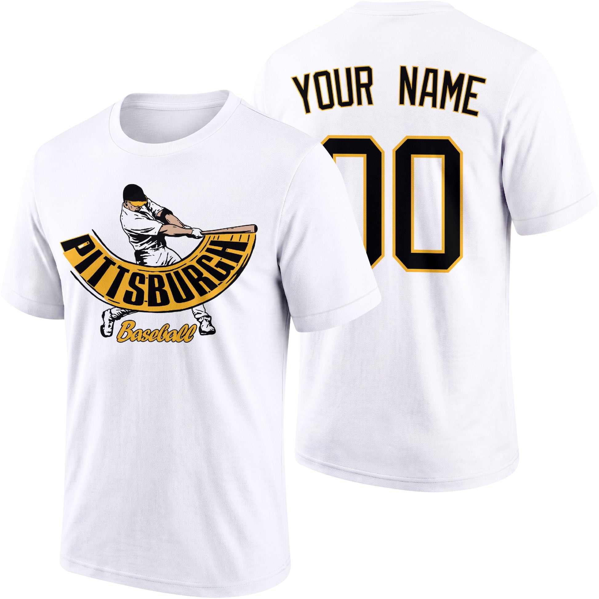 Pittsburgh personalized adult baseball batter T shirt in White showing front and back with custom name and number
