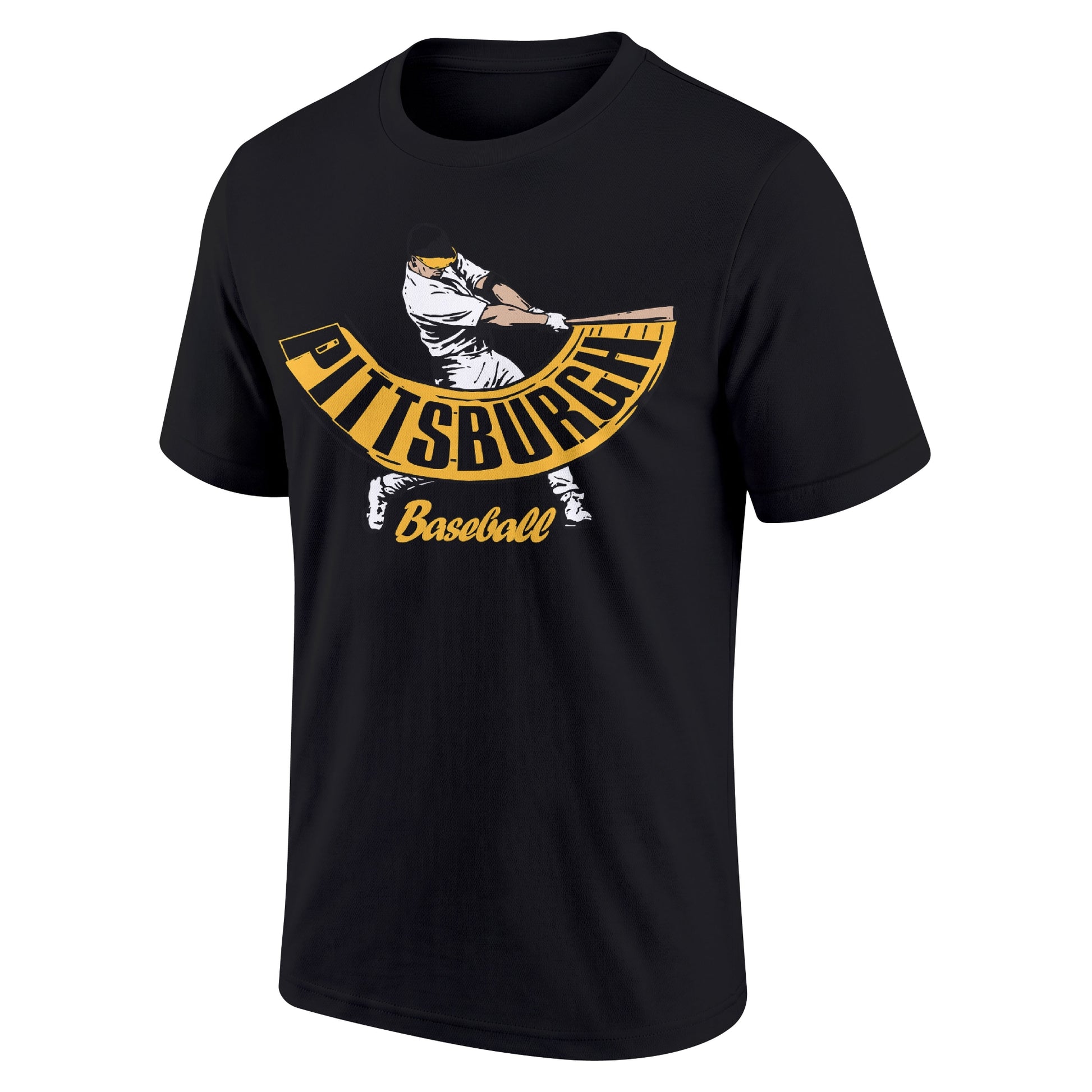 Pittsburgh Black adult baseball T shirt front view with city lettering baseball batter illustration and Baseball script