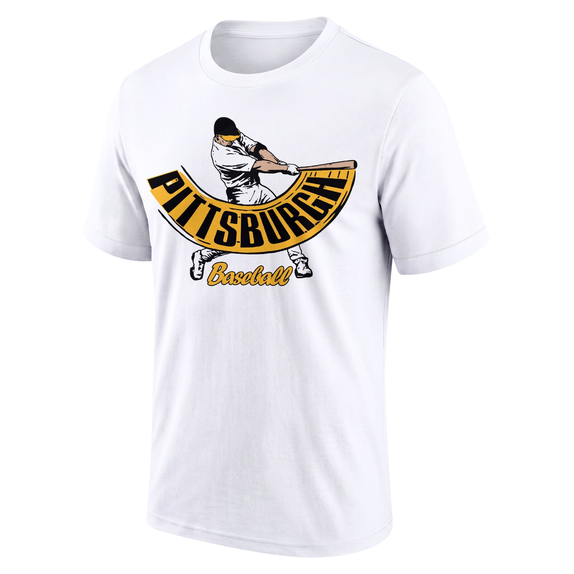 Pittsburgh White adult baseball T shirt front view with city lettering baseball batter illustration and Baseball script