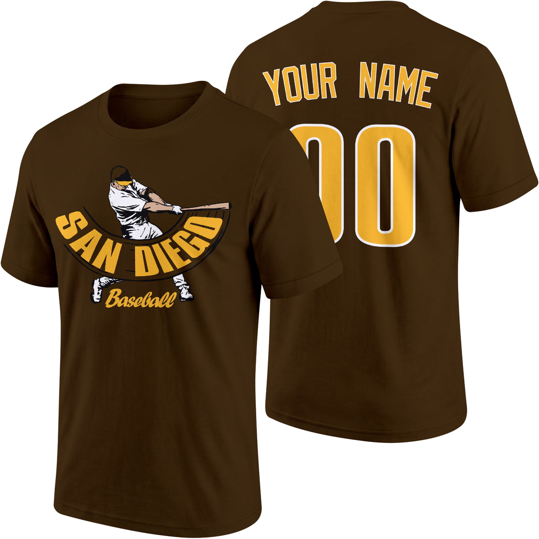 San Diego personalized adult baseball batter T shirt in Brown showing front and back with custom name and number