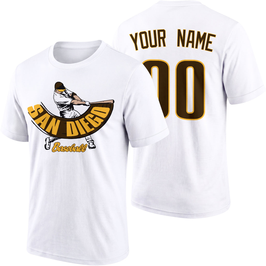 San Diego personalized adult baseball batter T shirt in Brown showing front and back with custom name and number