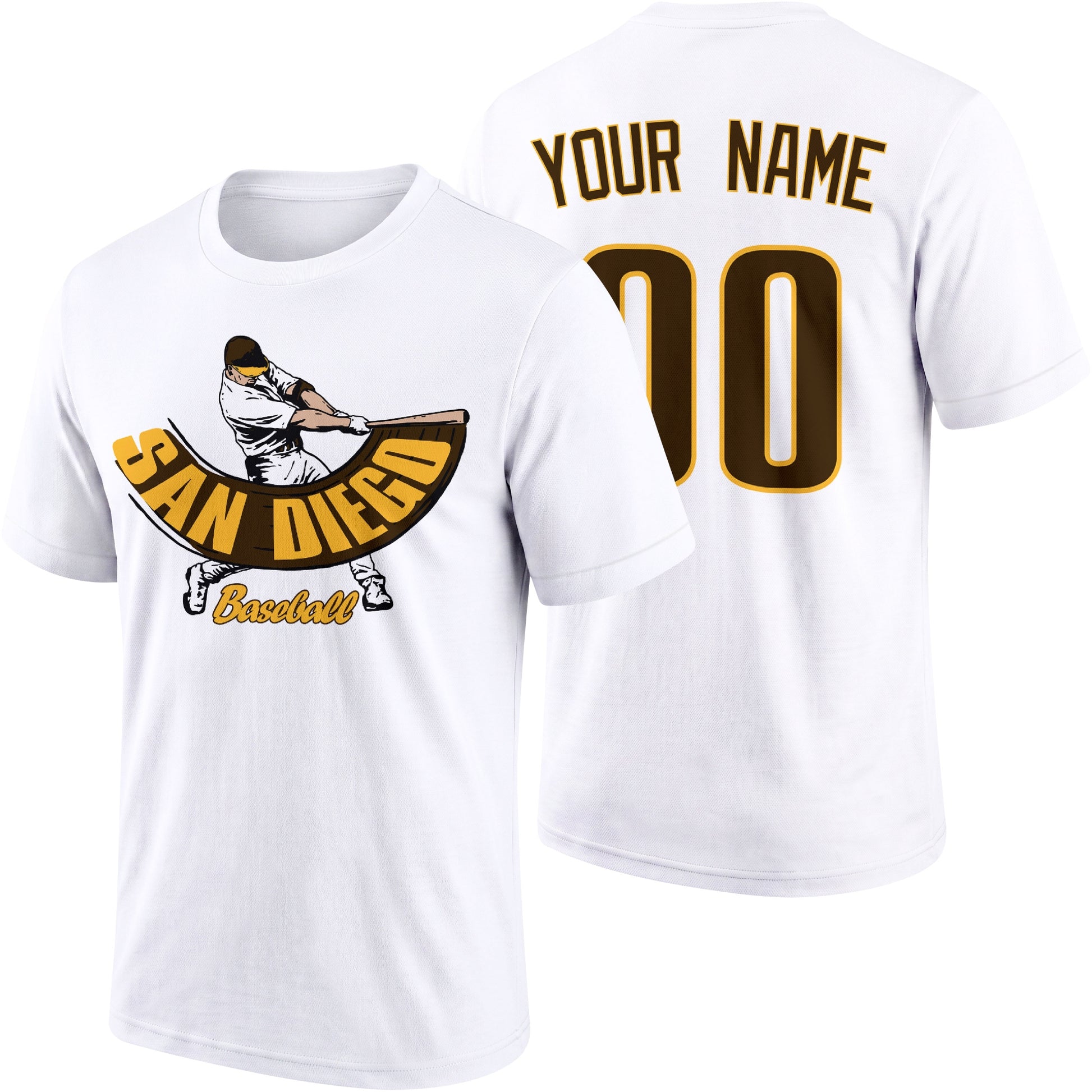 San Diego personalized adult baseball batter T shirt in White showing front and back with custom name and number