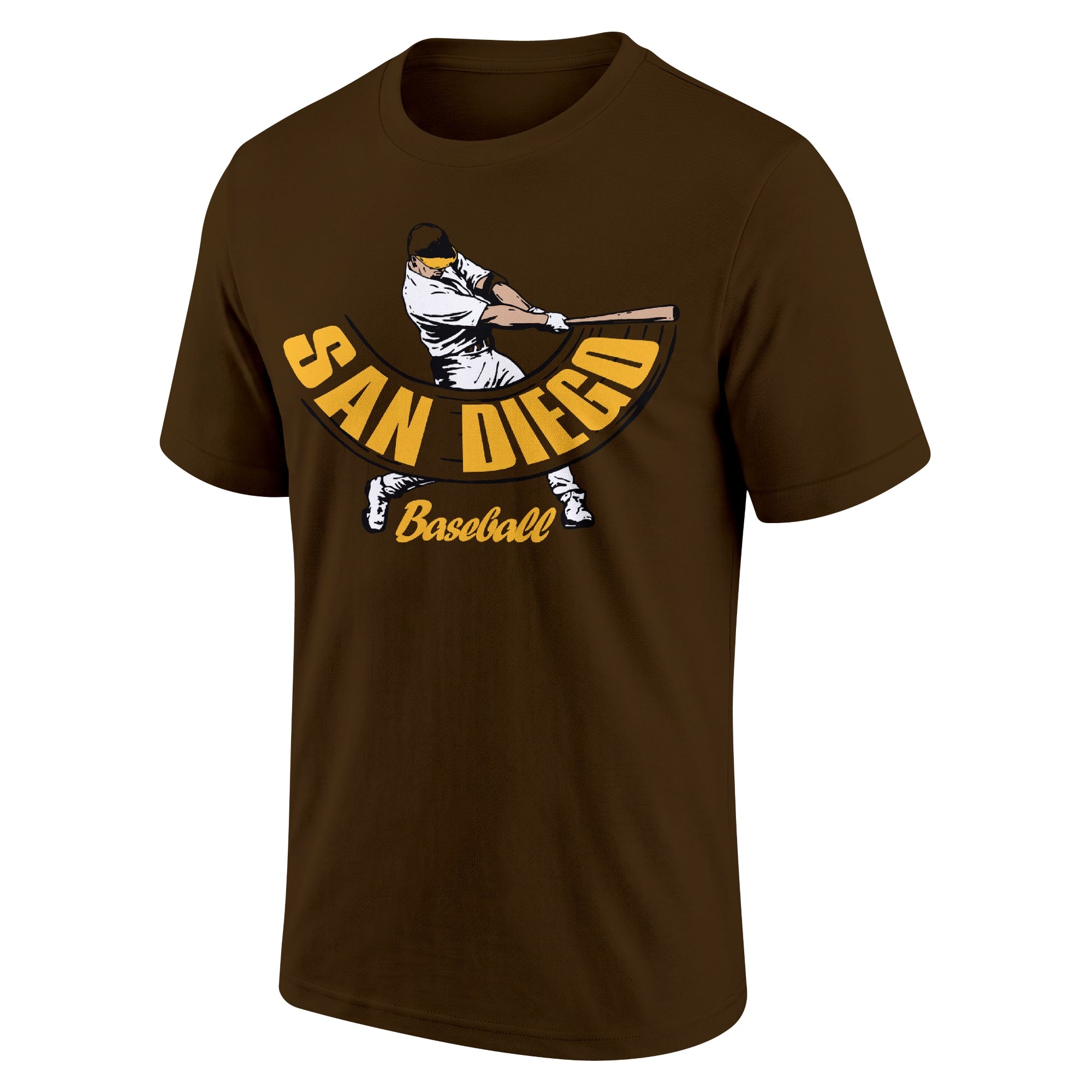 San Diego Brown adult baseball T shirt front view with city lettering baseball batter illustration and Baseball script