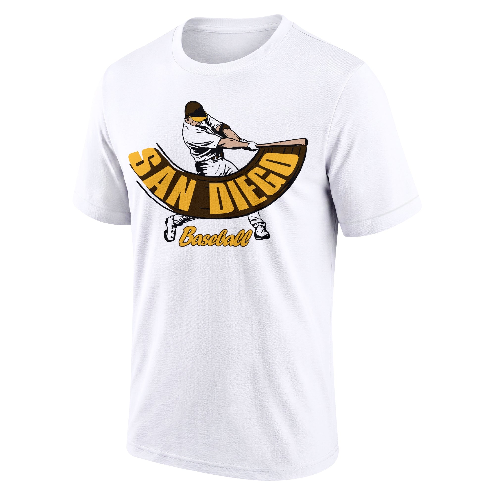 San Diego White adult baseball T shirt front view with city lettering baseball batter illustration and Baseball script