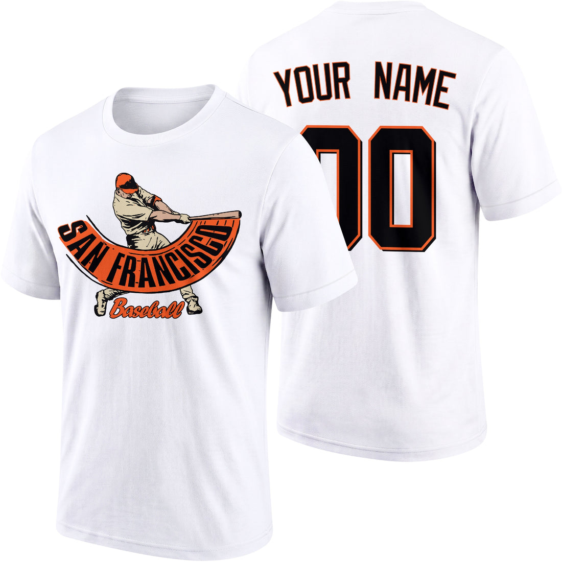 San Francisco personalized adult baseball batter T shirt in Black showing front and back with custom name and number