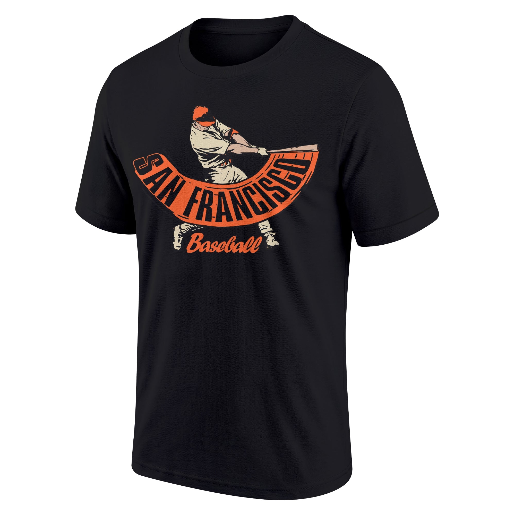 San Francisco Black adult baseball T shirt front view with city lettering baseball batter illustration and Baseball script