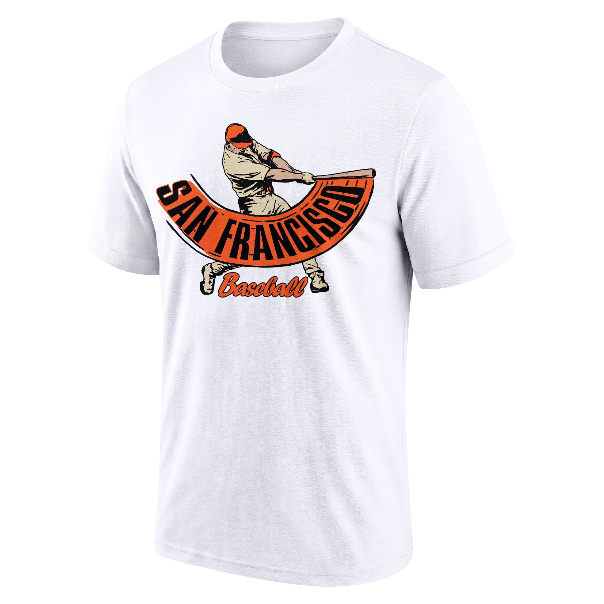 San Francisco Cream adult baseball T shirt front view with city lettering baseball batter illustration and Baseball script